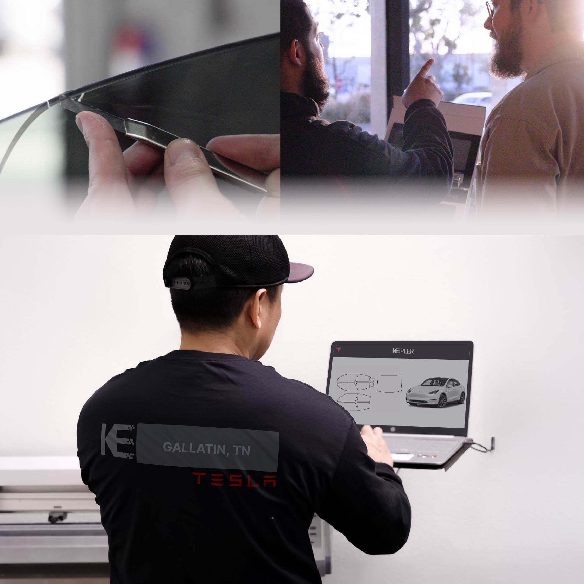 Expert Technician Applying High-tech Window Tint to Tesla in Gallatin