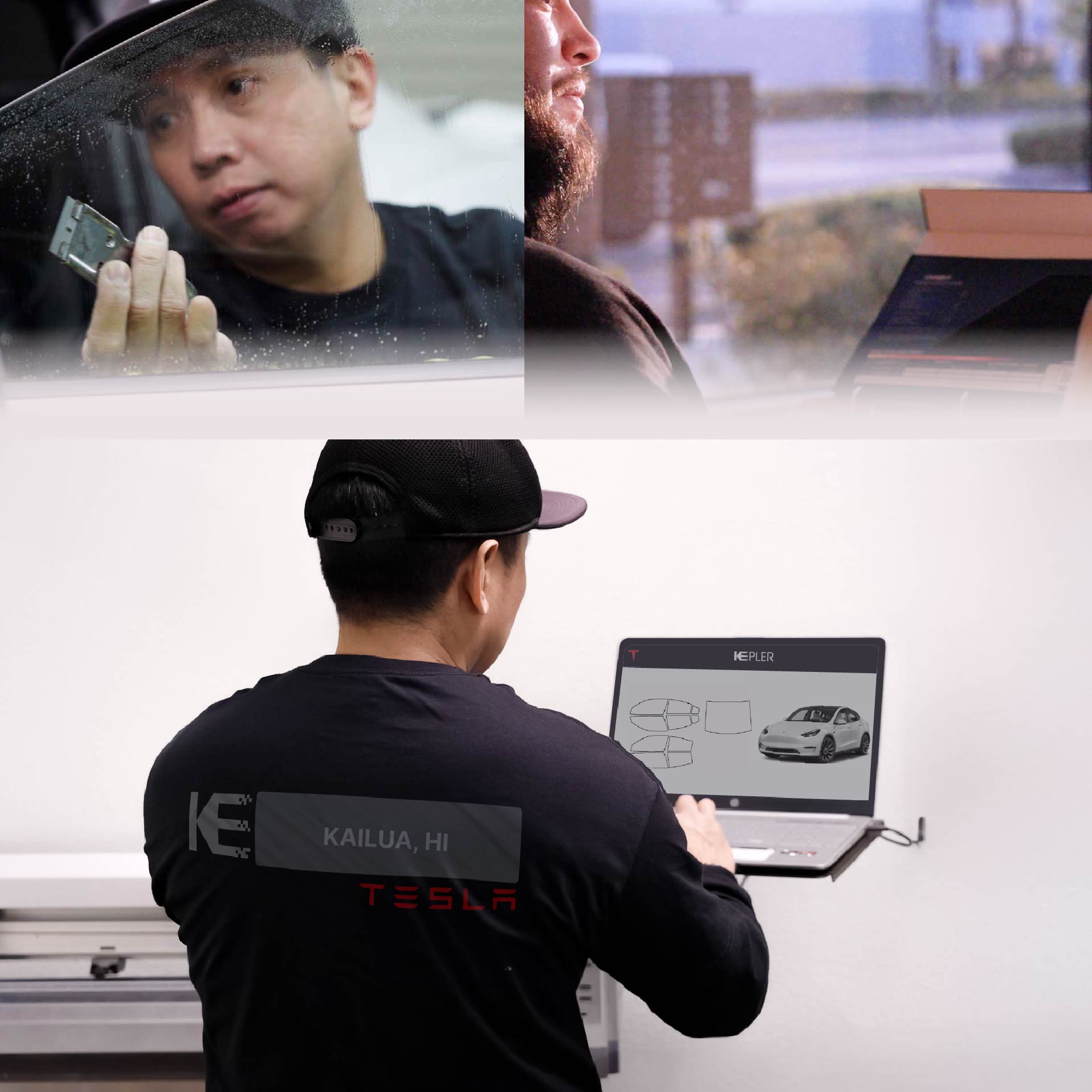 Kepler Technician Fitting Ceramic Window Tint to Tesla in Kailua