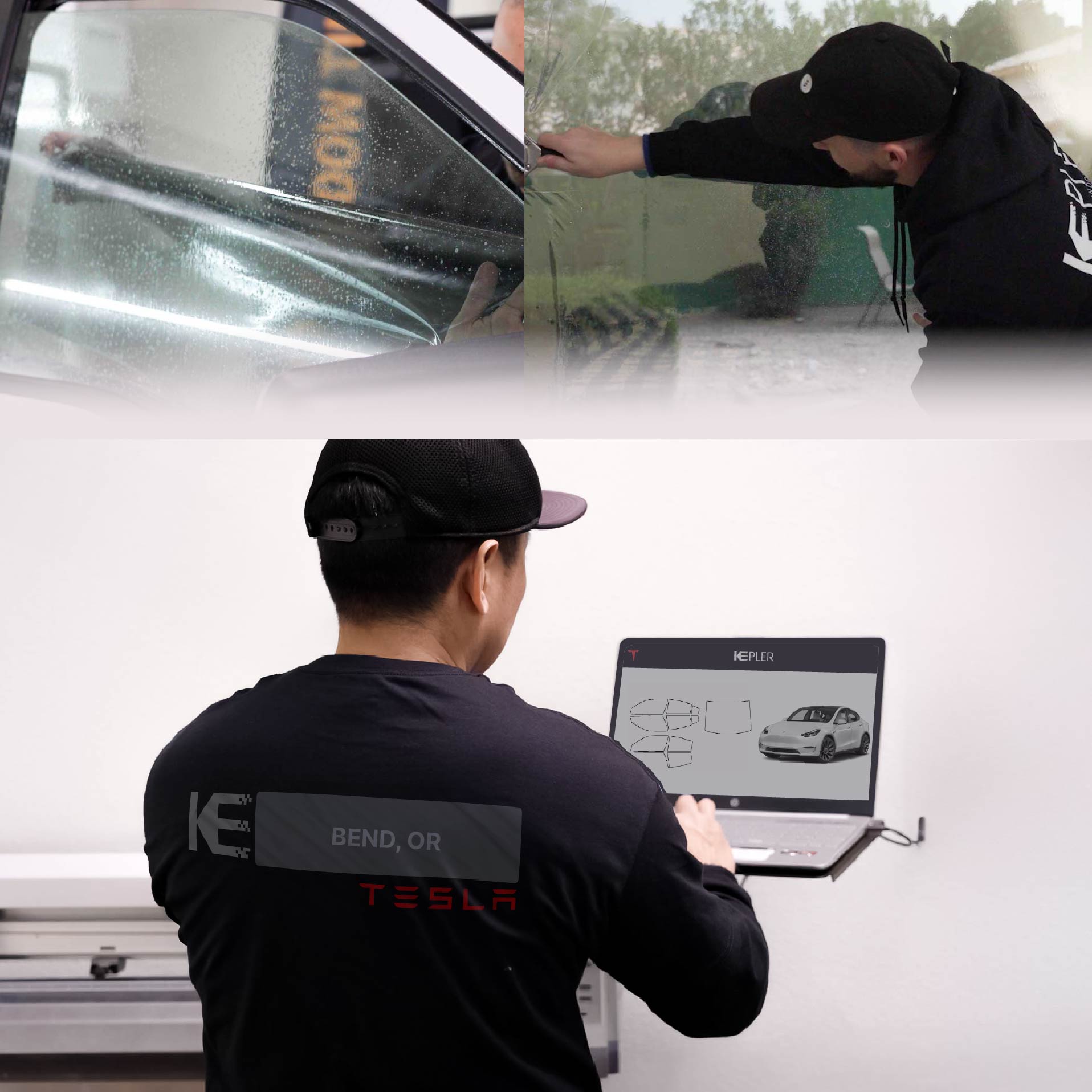 Expert Technician Fitting High-tech Window Tint to Tesla in Bend