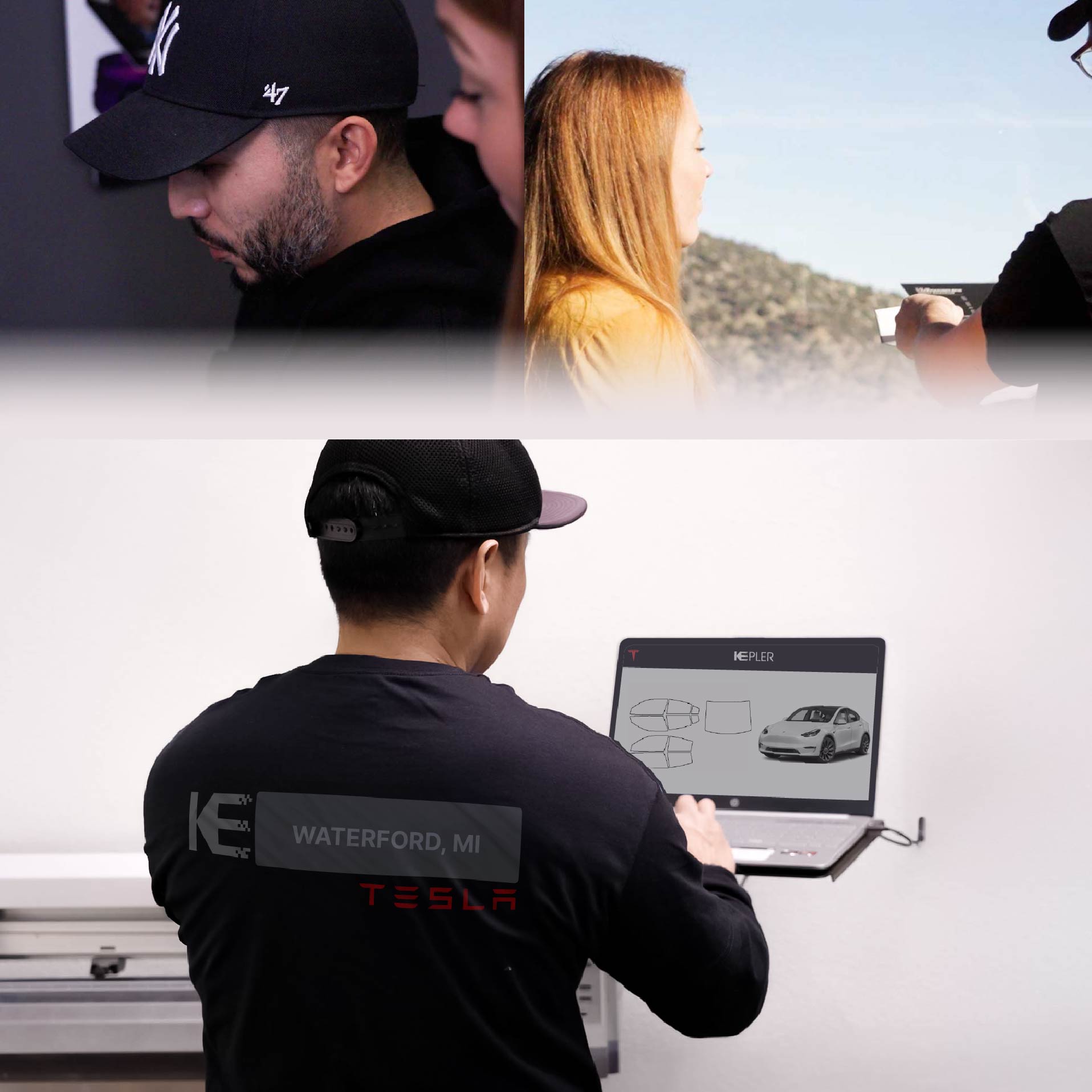 Expert Technician Applying Advanced Window Tint to Tesla in Waterford