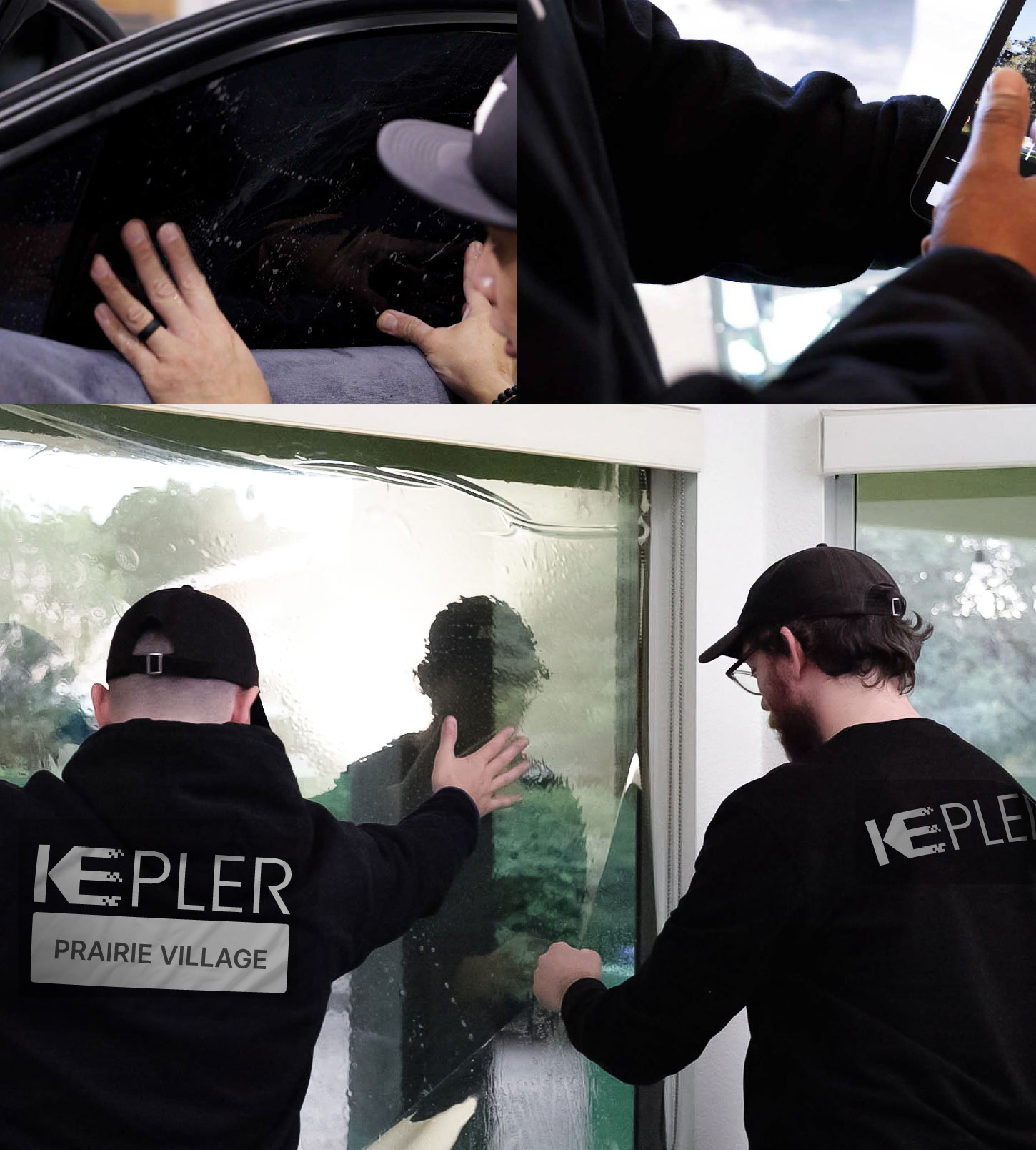 Expert Technician Installing Ceramic Window Tint to Home in Prairie Village