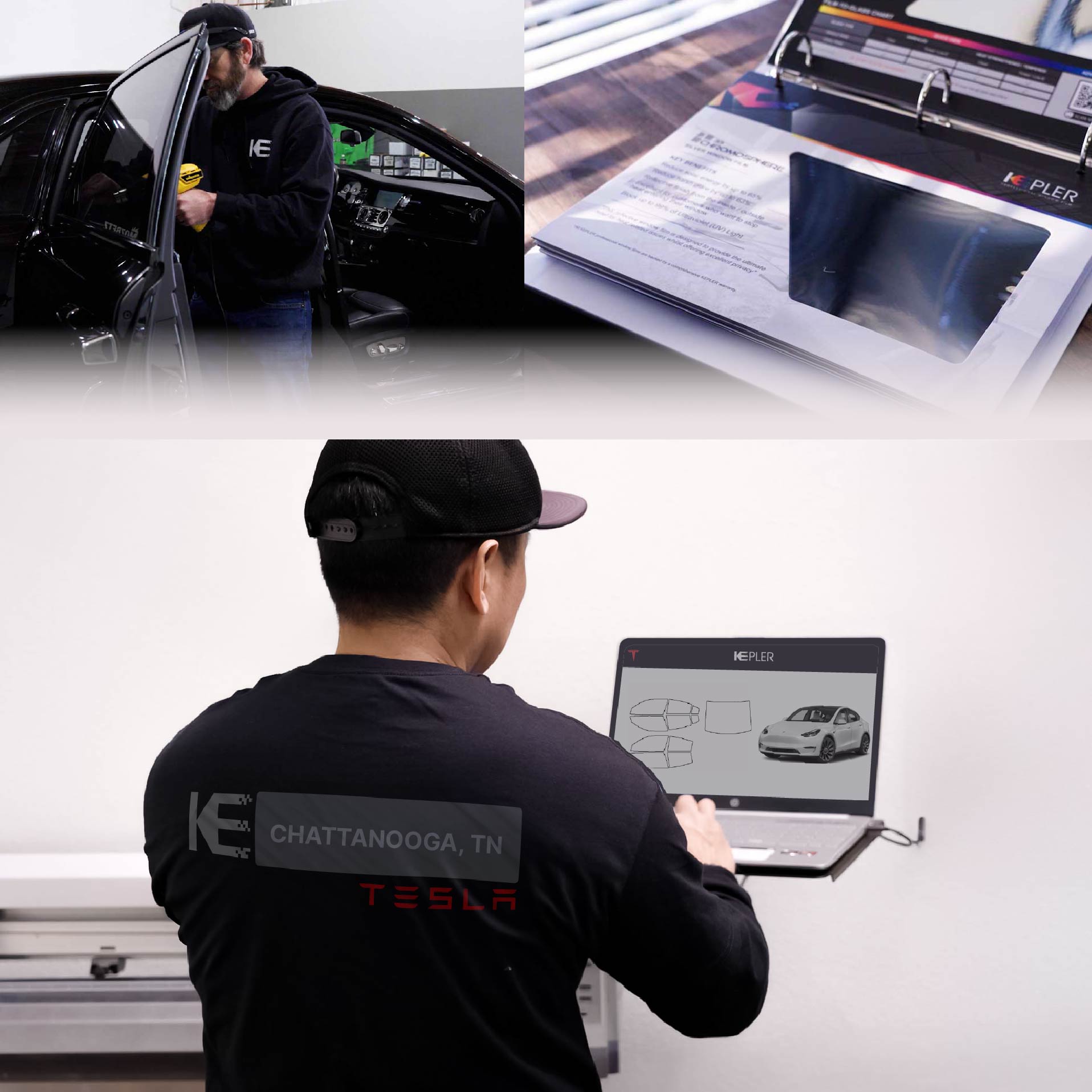 Expert Technician Fitting Advanced Window Tint to Tesla in Chattanooga