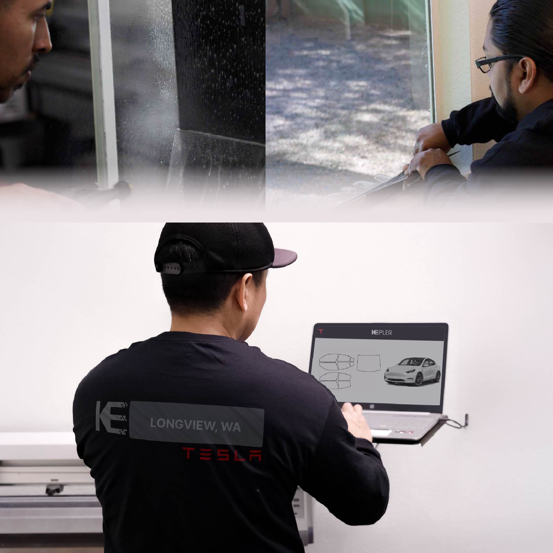 Expert Technician Applying High-tech Window Tint to Tesla in Longview