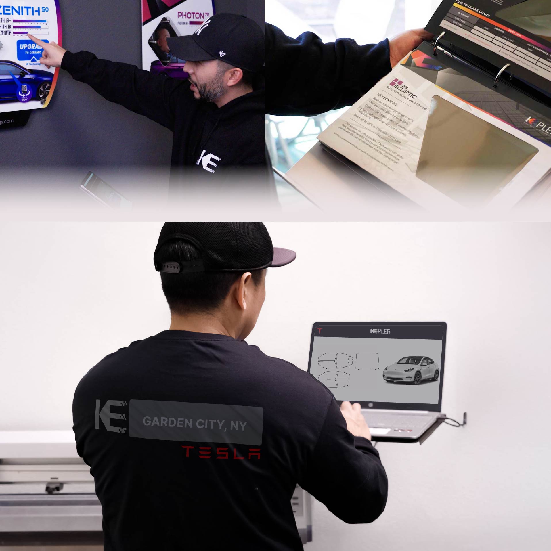 Expert Technician Installing Ceramic Window Tint to Tesla in Garden City