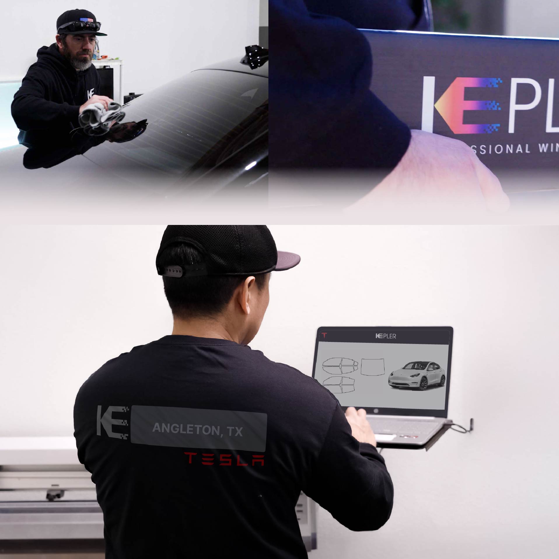 Kepler Technician Applying High-tech Window Tint to Tesla in Angleton