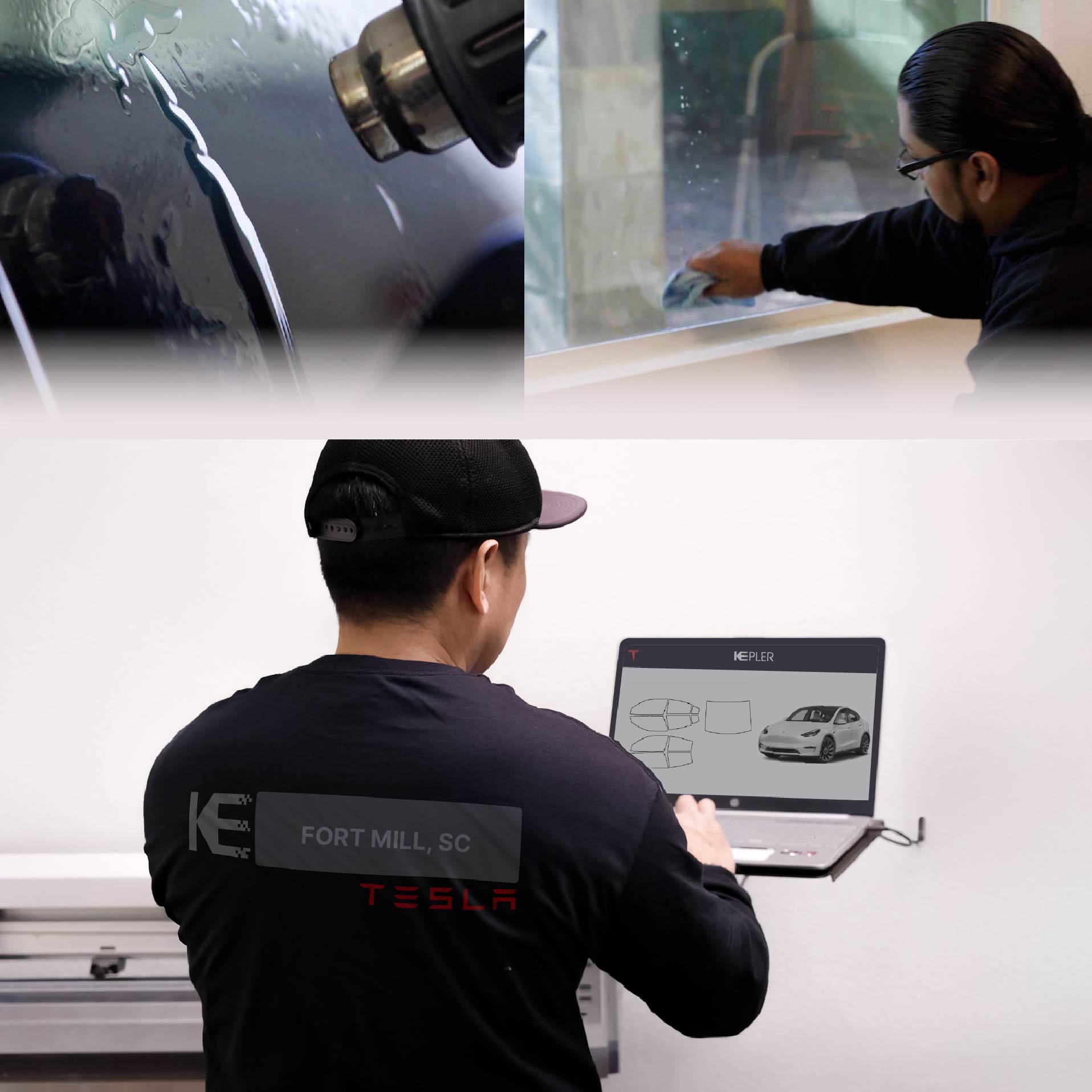 Expert Technician Applying Advanced Window Tint to Tesla in Fort Mill