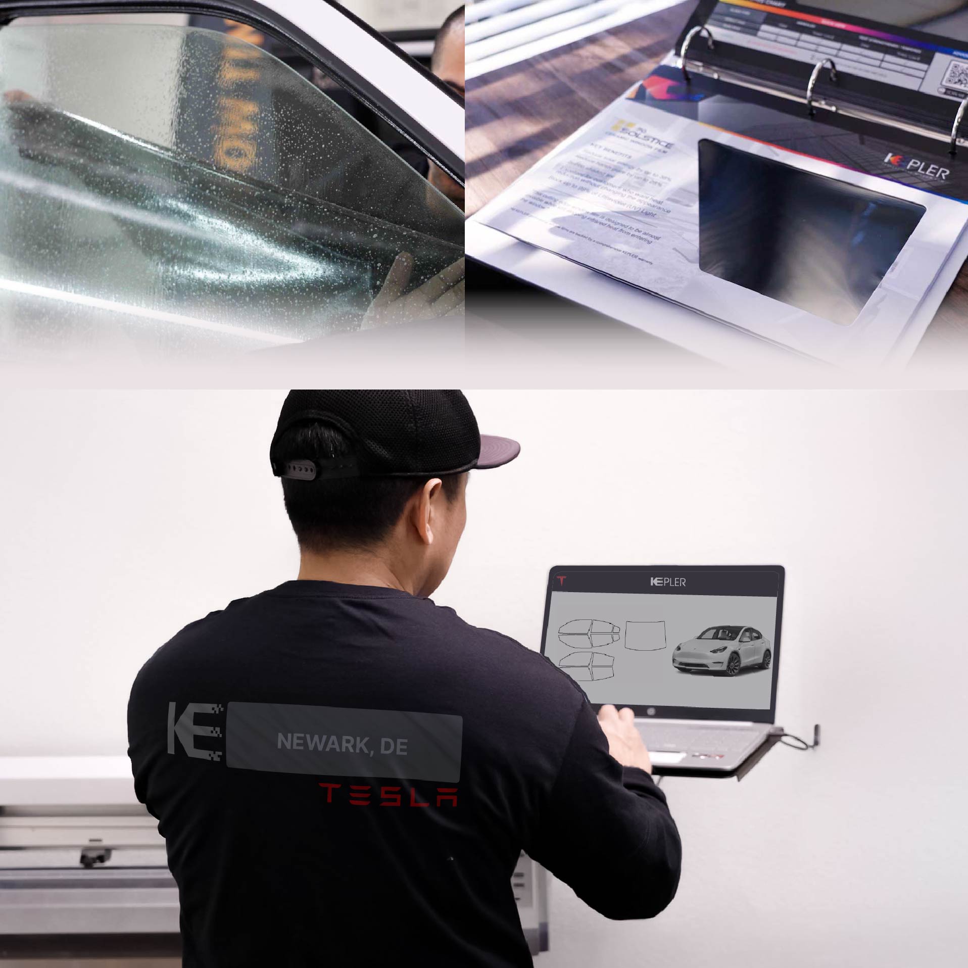 Expert Technician Fitting High-tech Window Tint to Tesla in Newark