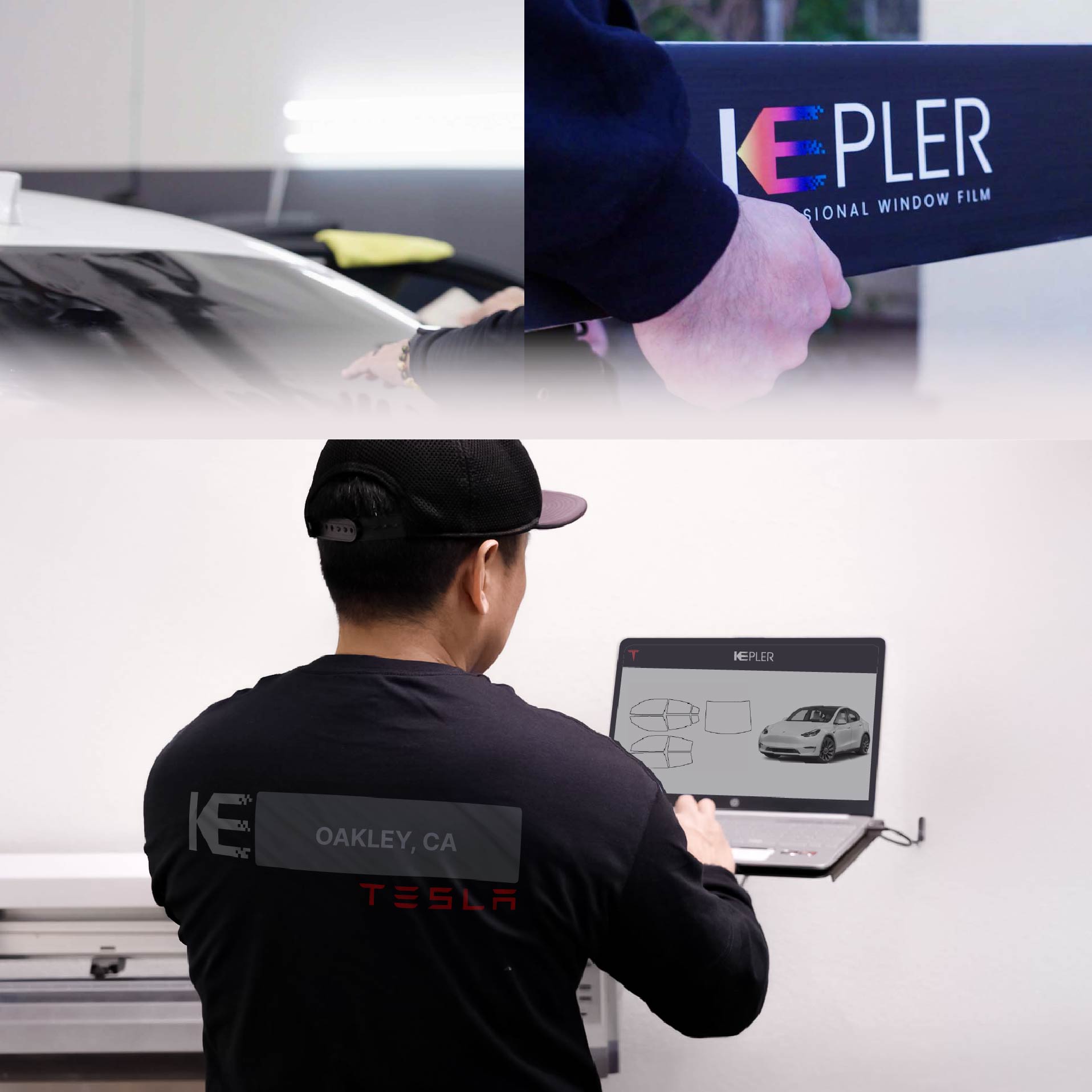 Expert Technician Installing Ceramic Window Tint to Tesla in Oakley