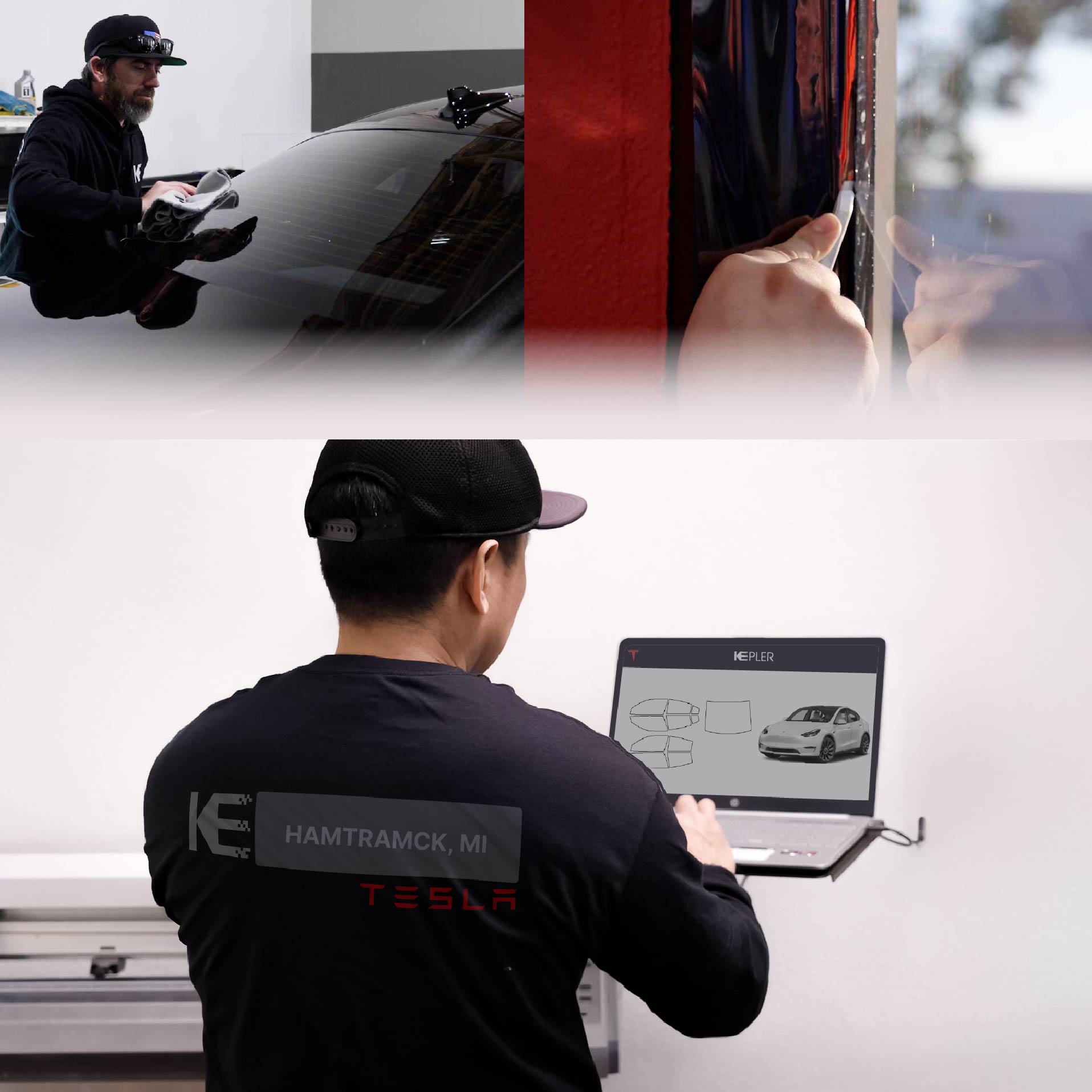 Kepler Technician Applying Ceramic Window Tint to Tesla in Hamtramck