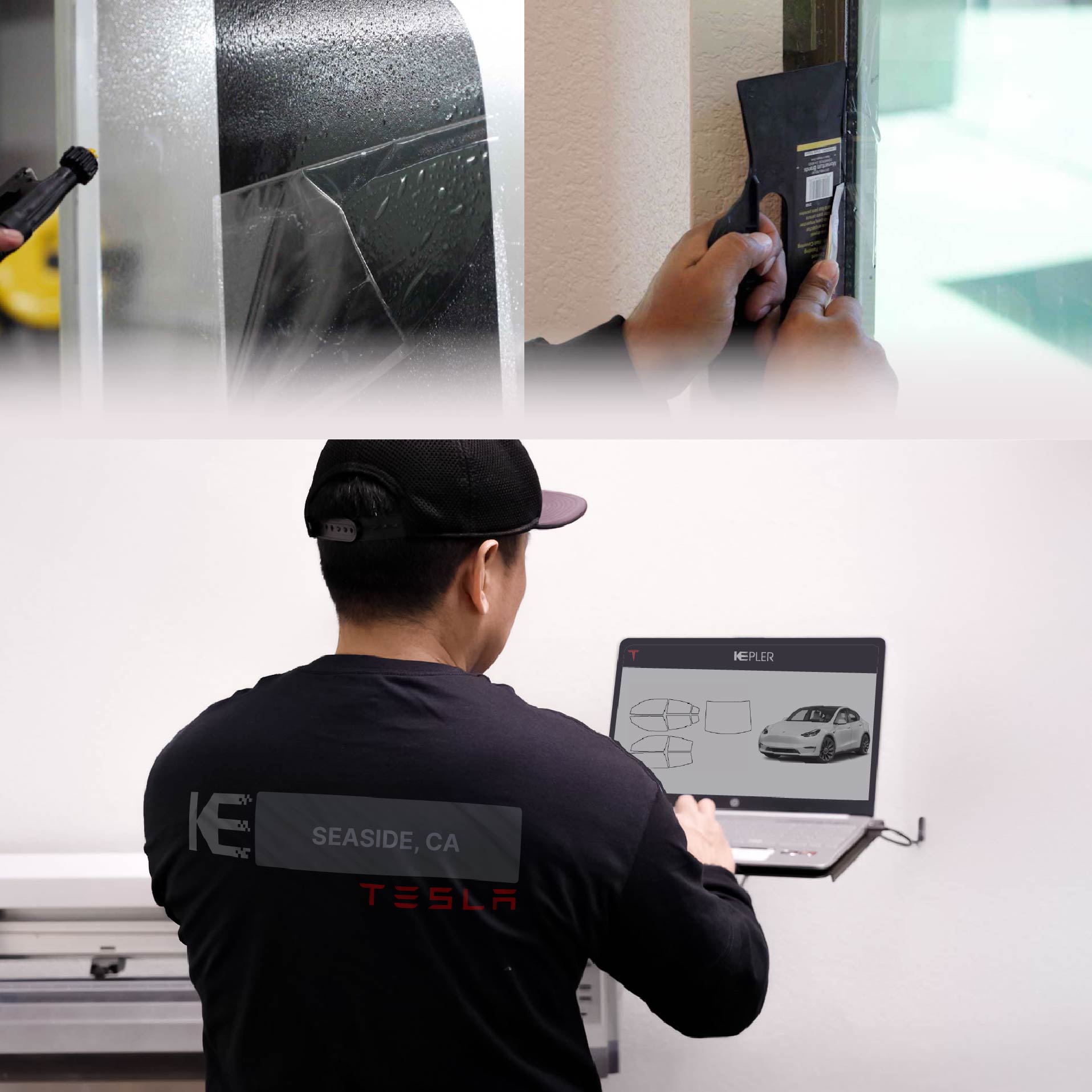 Kepler Technician Fitting Advanced Window Tint to Tesla in Seaside