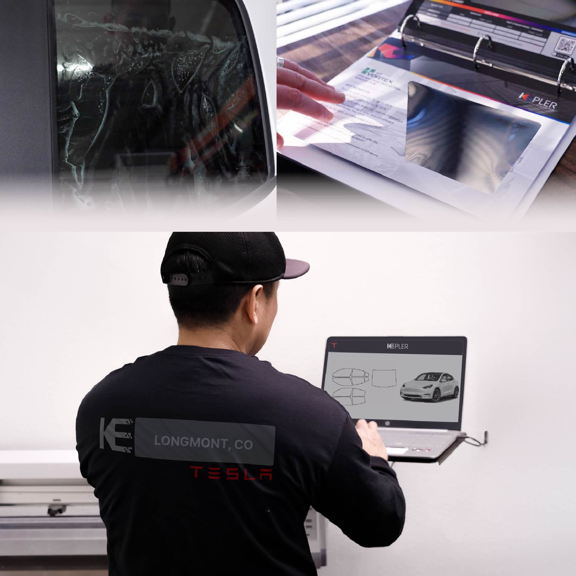 Expert Technician Applying Advanced Window Tint to Tesla in Longmont