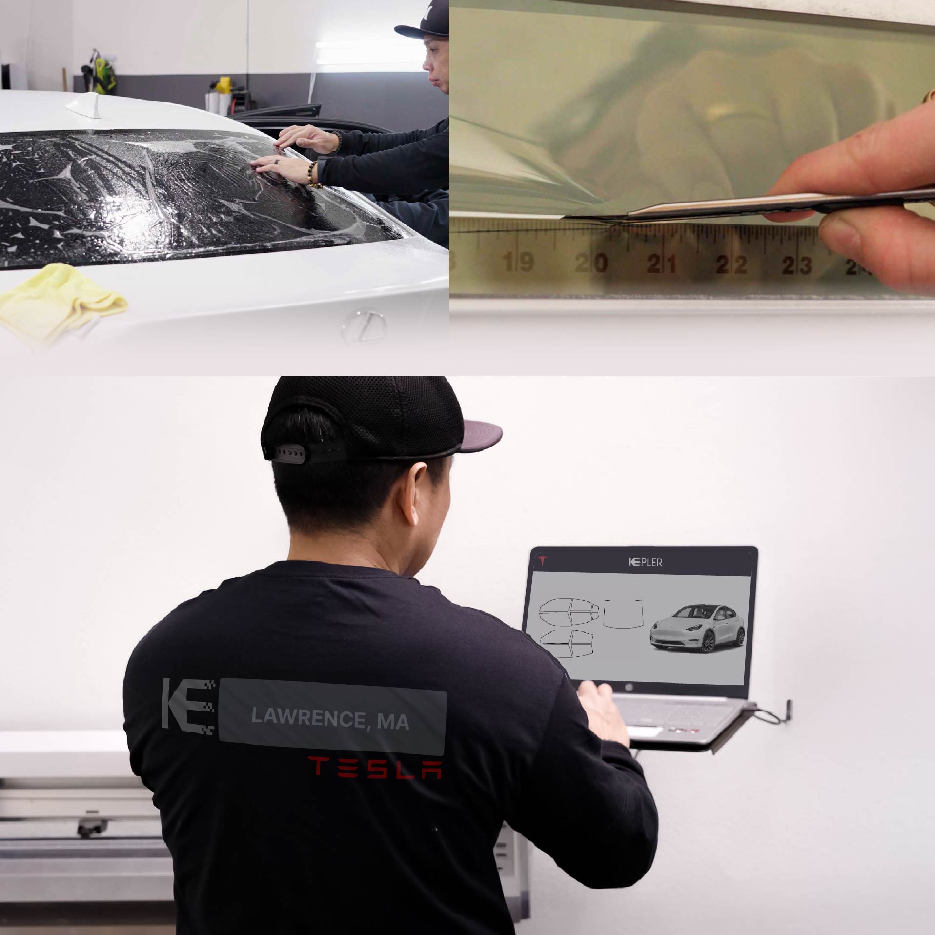 Expert Technician Applying Ceramic Window Tint to Tesla in Lawrence