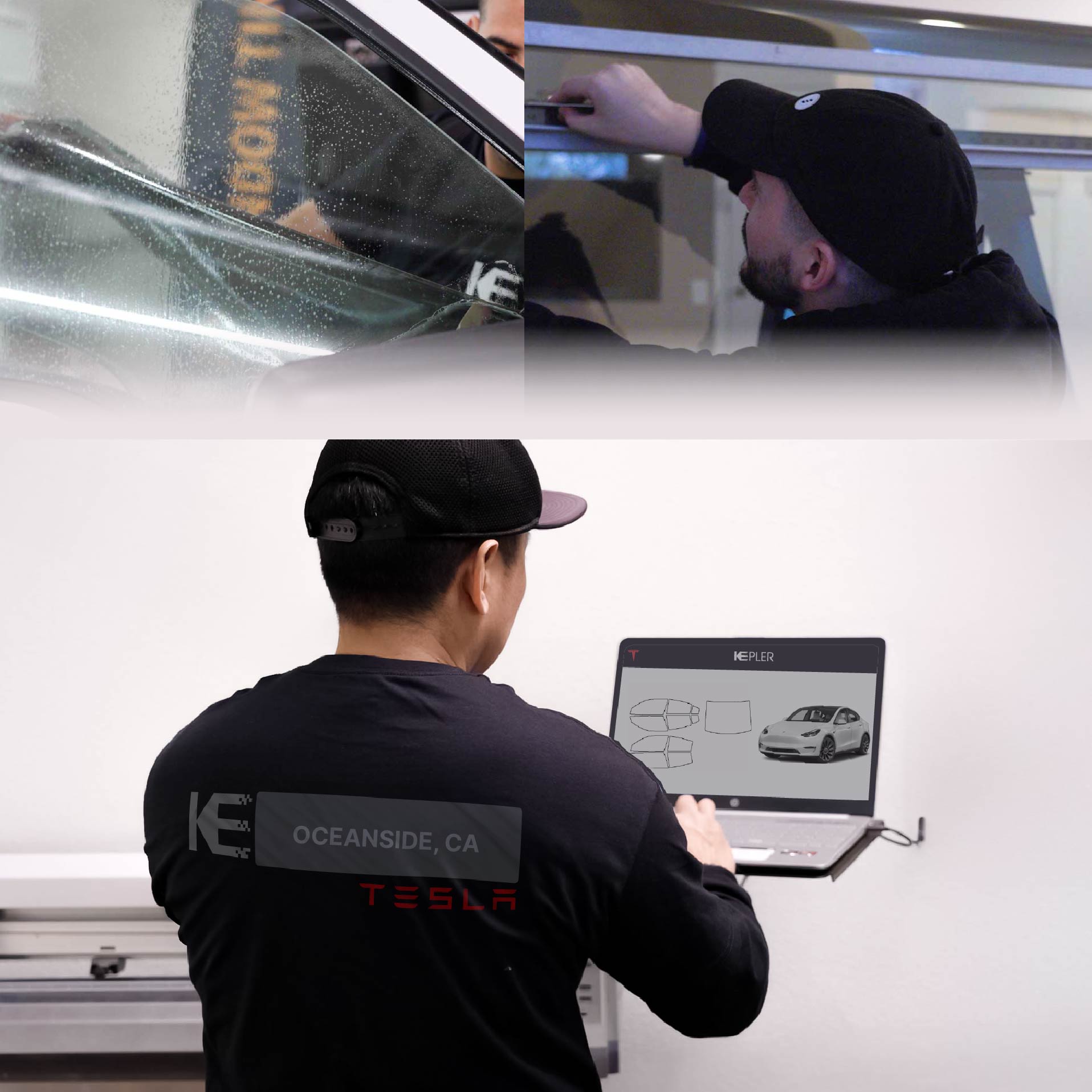 Kepler Technician Installing Ceramic Window Tint to Tesla in Oceanside