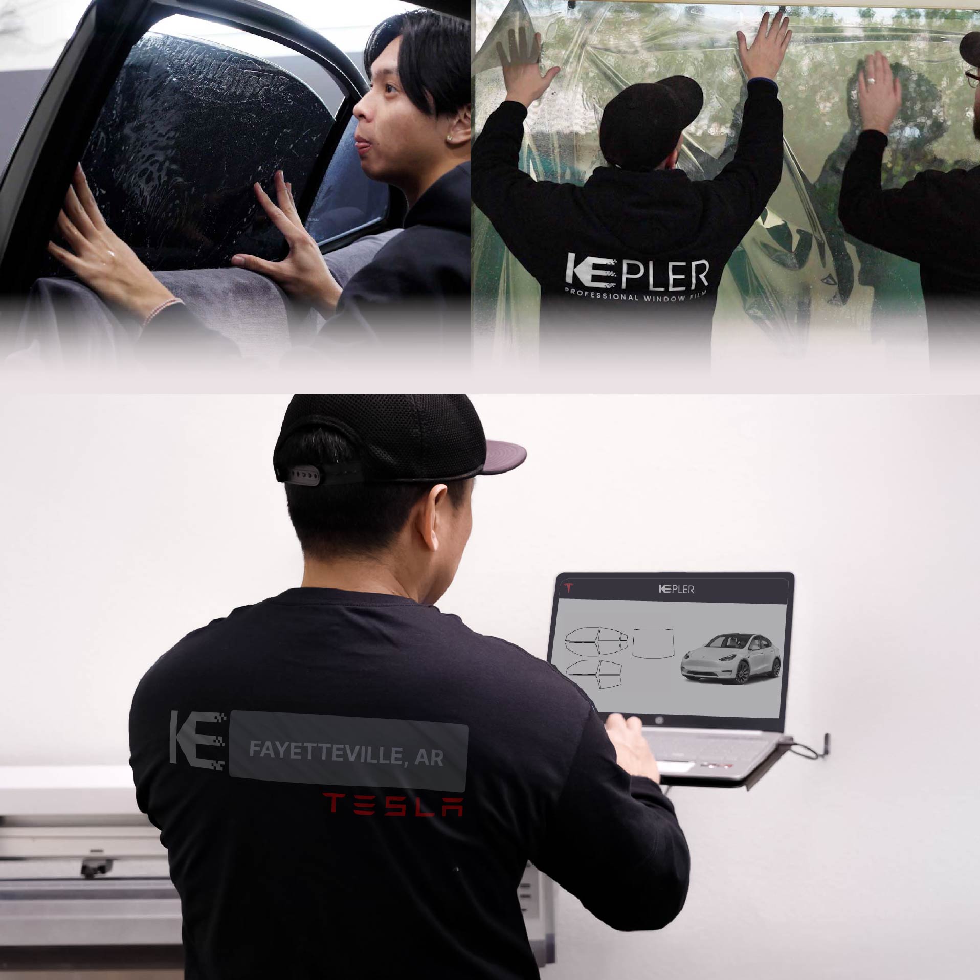 Kepler Technician Applying Advanced Window Tint to Tesla in Fayetteville
