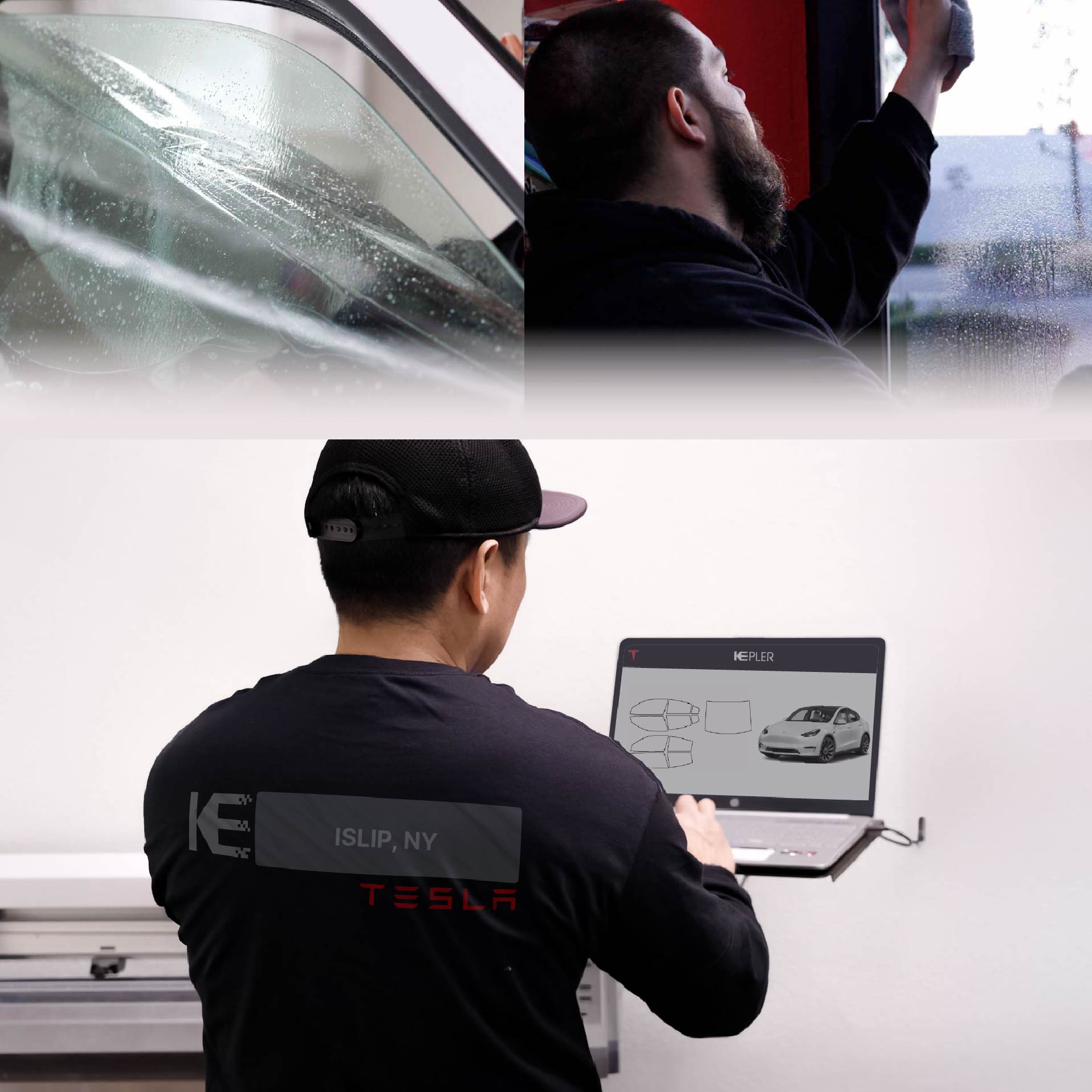 Kepler Technician Applying Ceramic Window Tint to Tesla in Islip