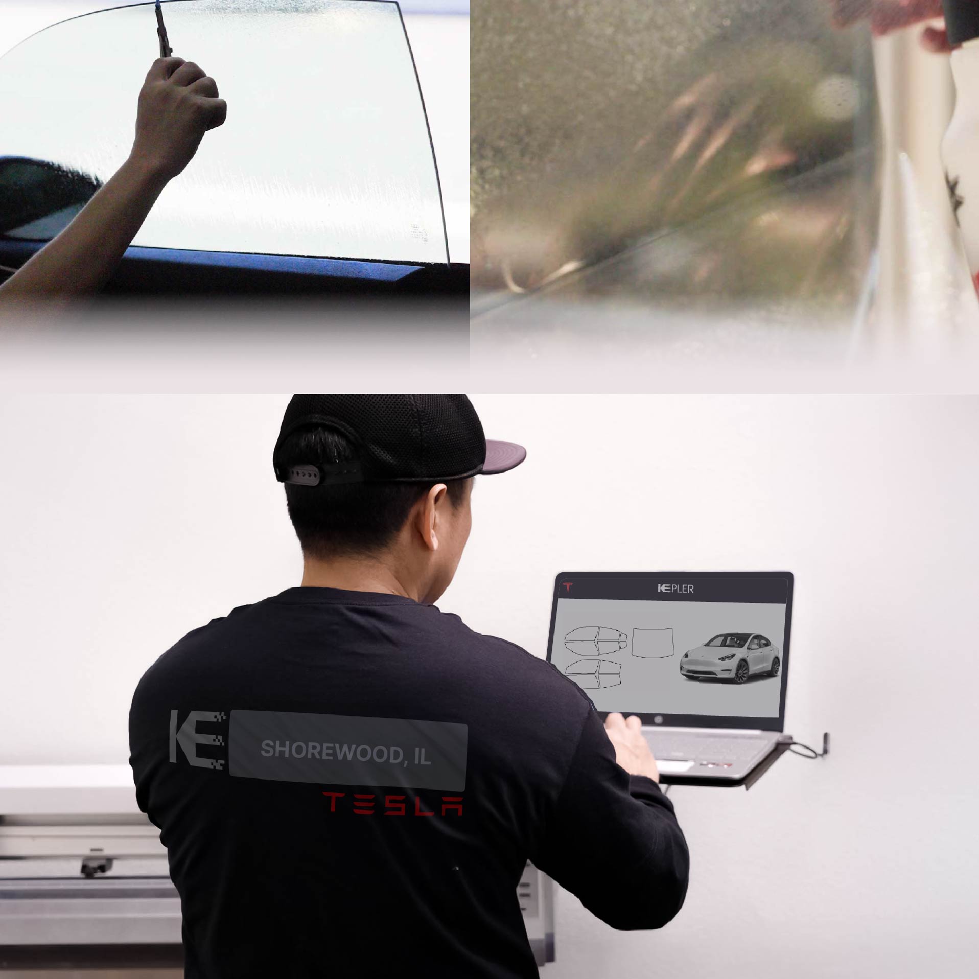 Kepler Technician Applying Advanced Window Tint to Tesla in Shorewood