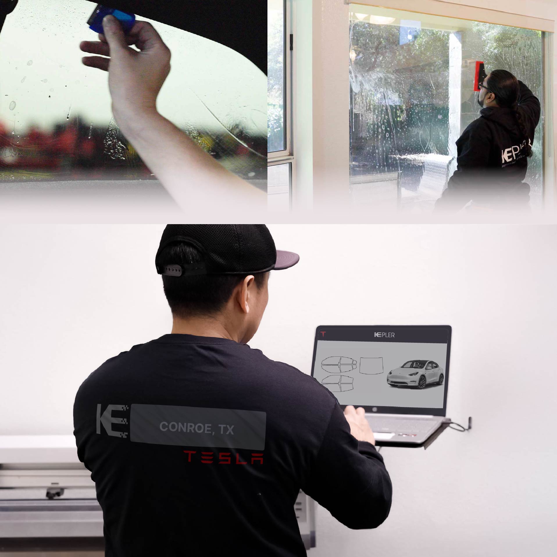 Expert Technician Fitting High-tech Window Tint to Tesla in Conroe