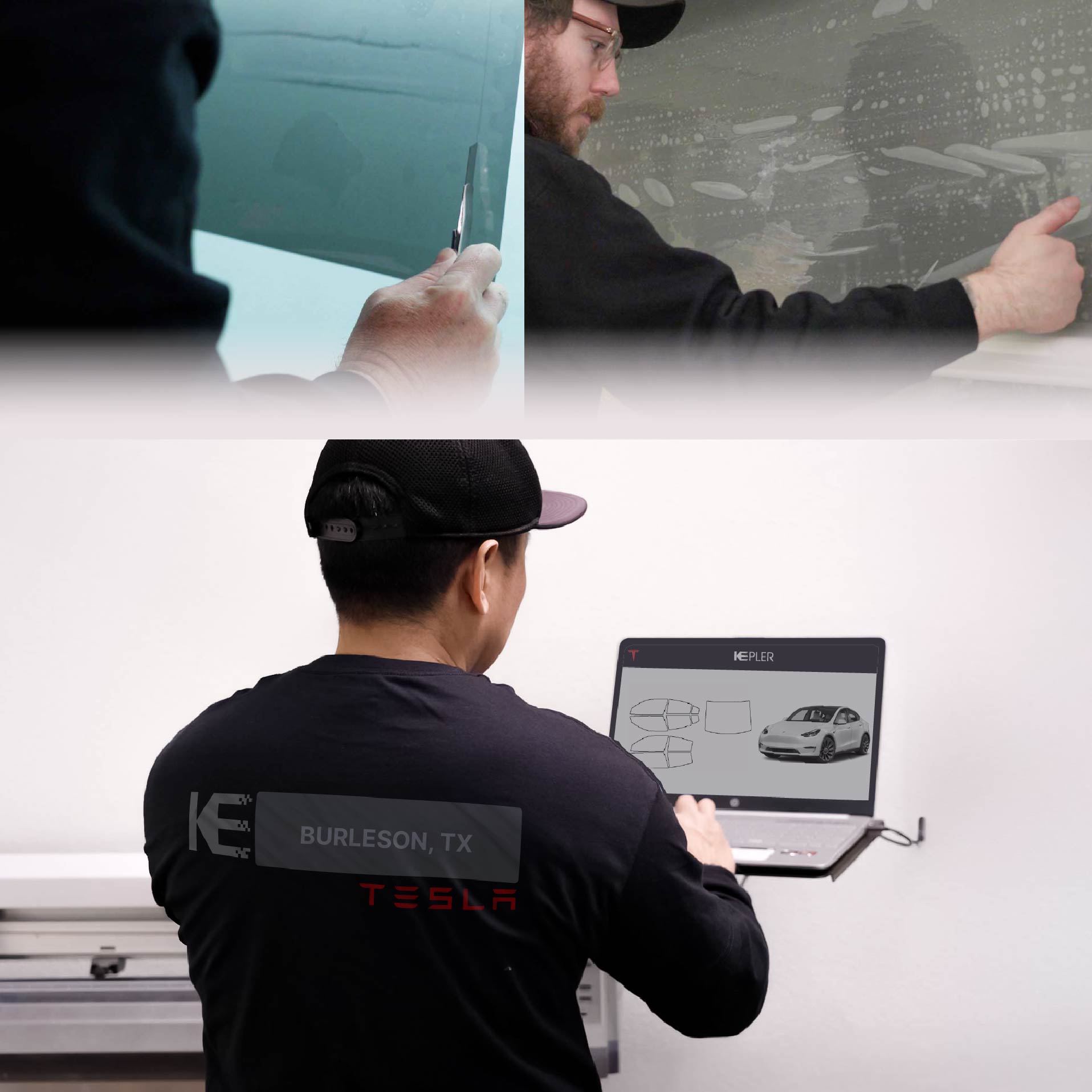 Expert Technician Fitting Advanced Window Tint to Tesla in Burleson