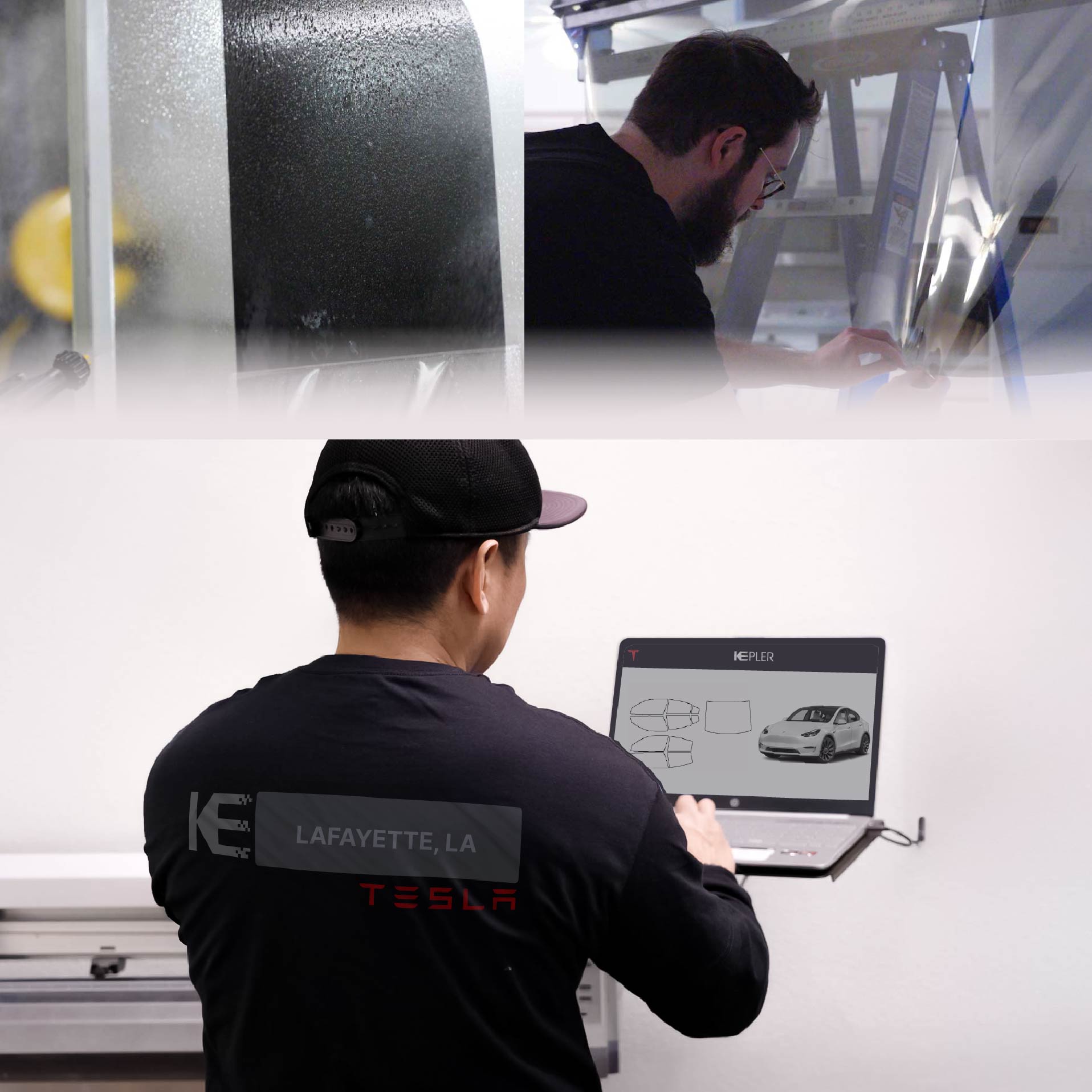 Kepler Technician Installing Ceramic Window Tint to Tesla in Lafayette
