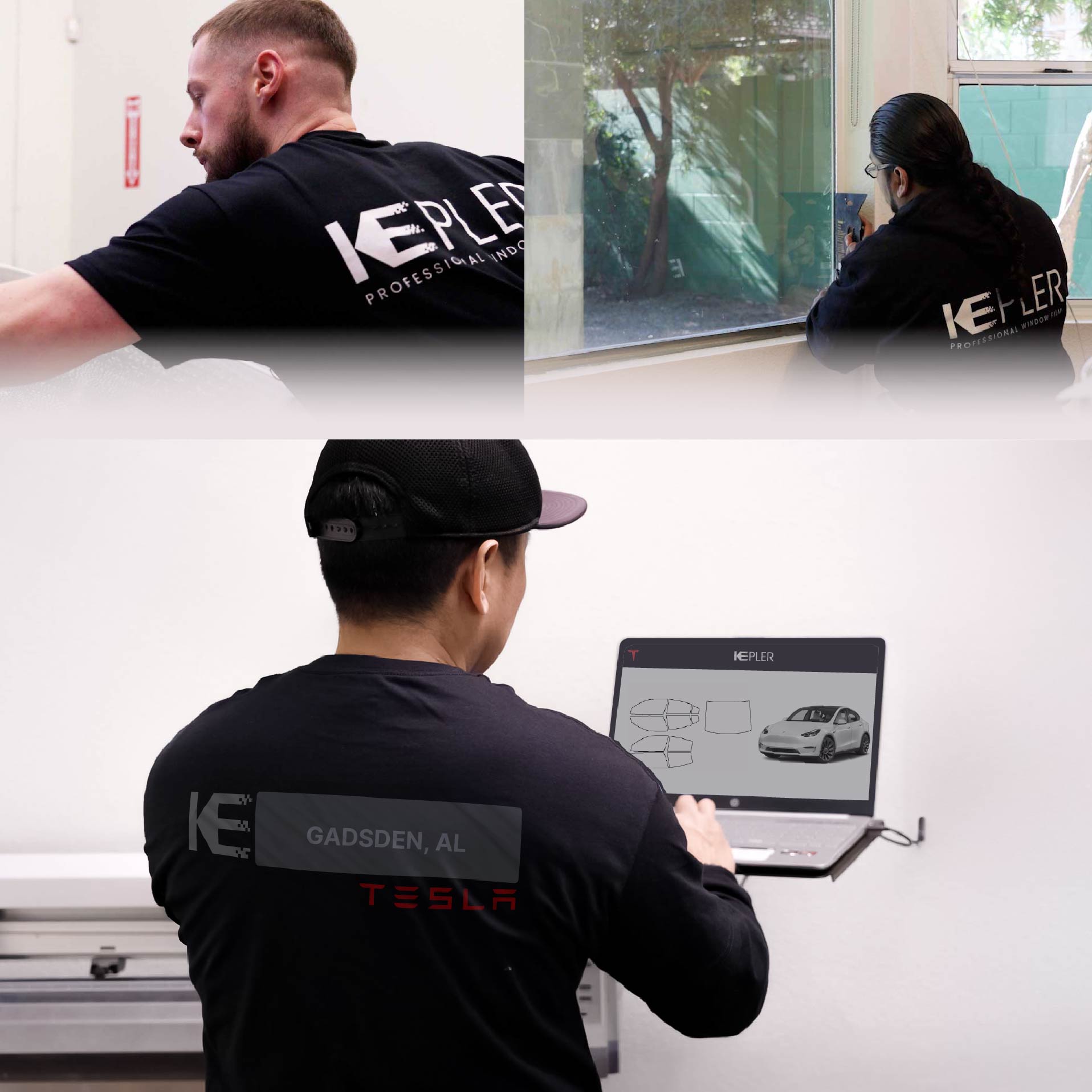 Kepler Technician Installing Advanced Window Tint to Tesla in Gadsden