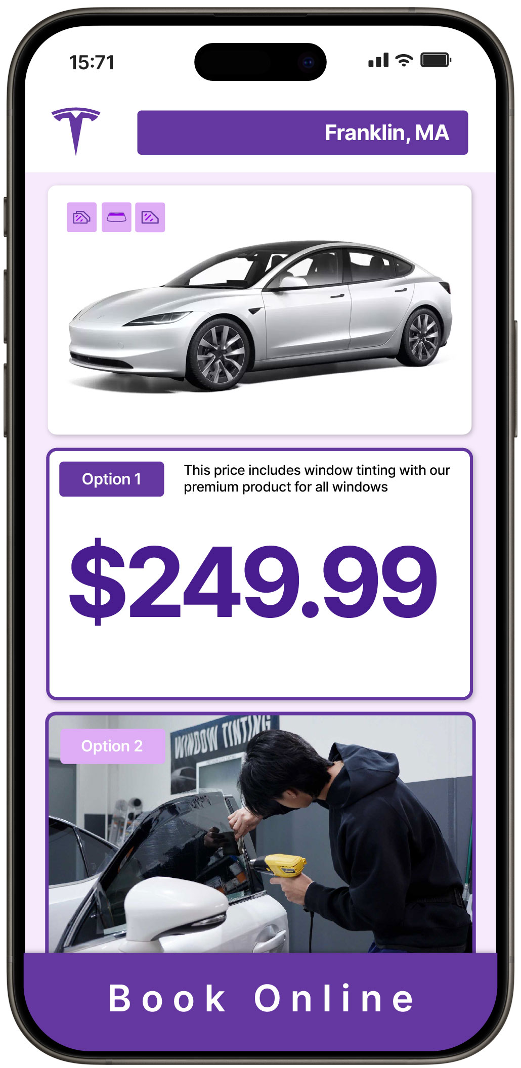 View Competitive Tesla Window Tinting Costs in Franklin, Massachusetts