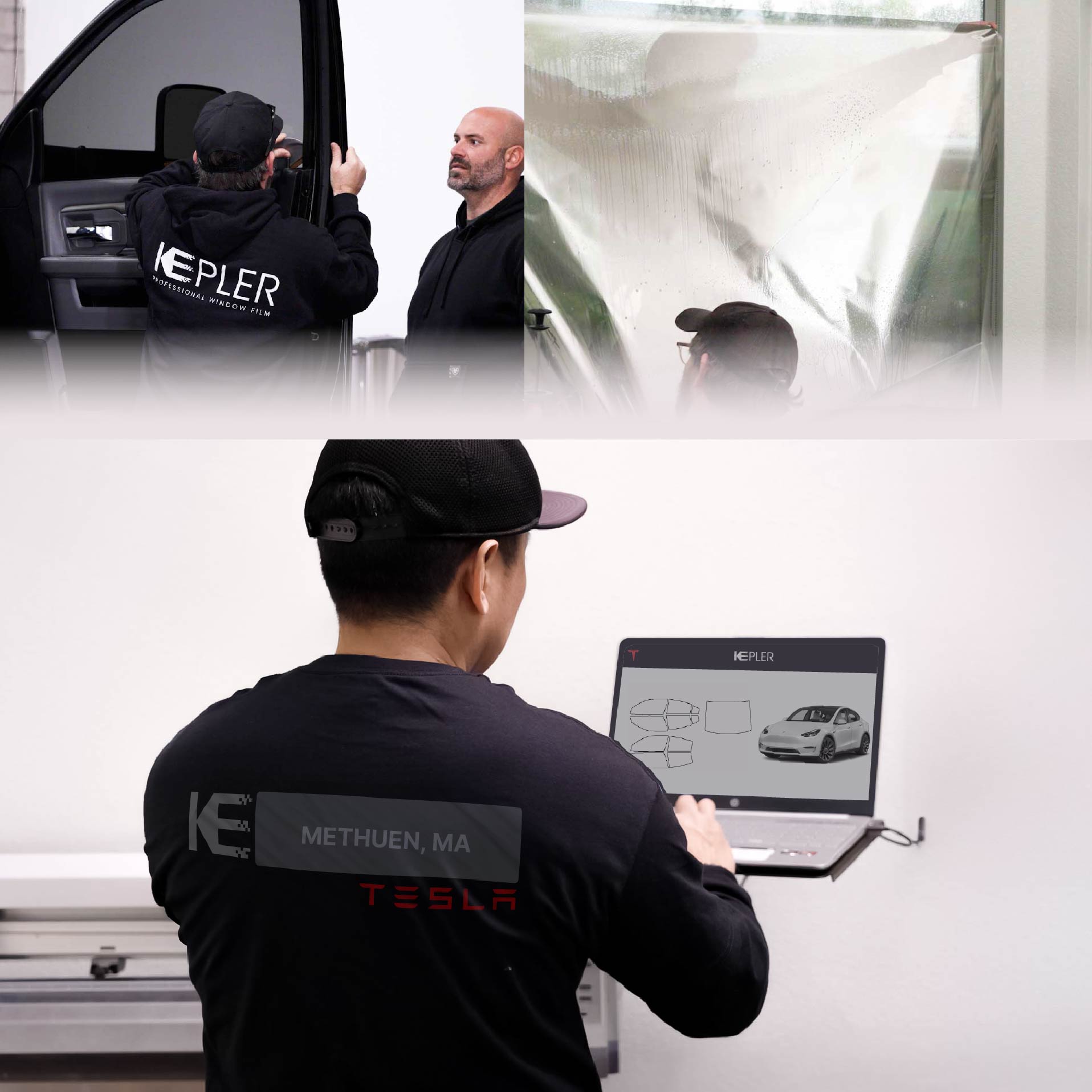 Expert Technician Installing Advanced Window Tint to Tesla in Methuen