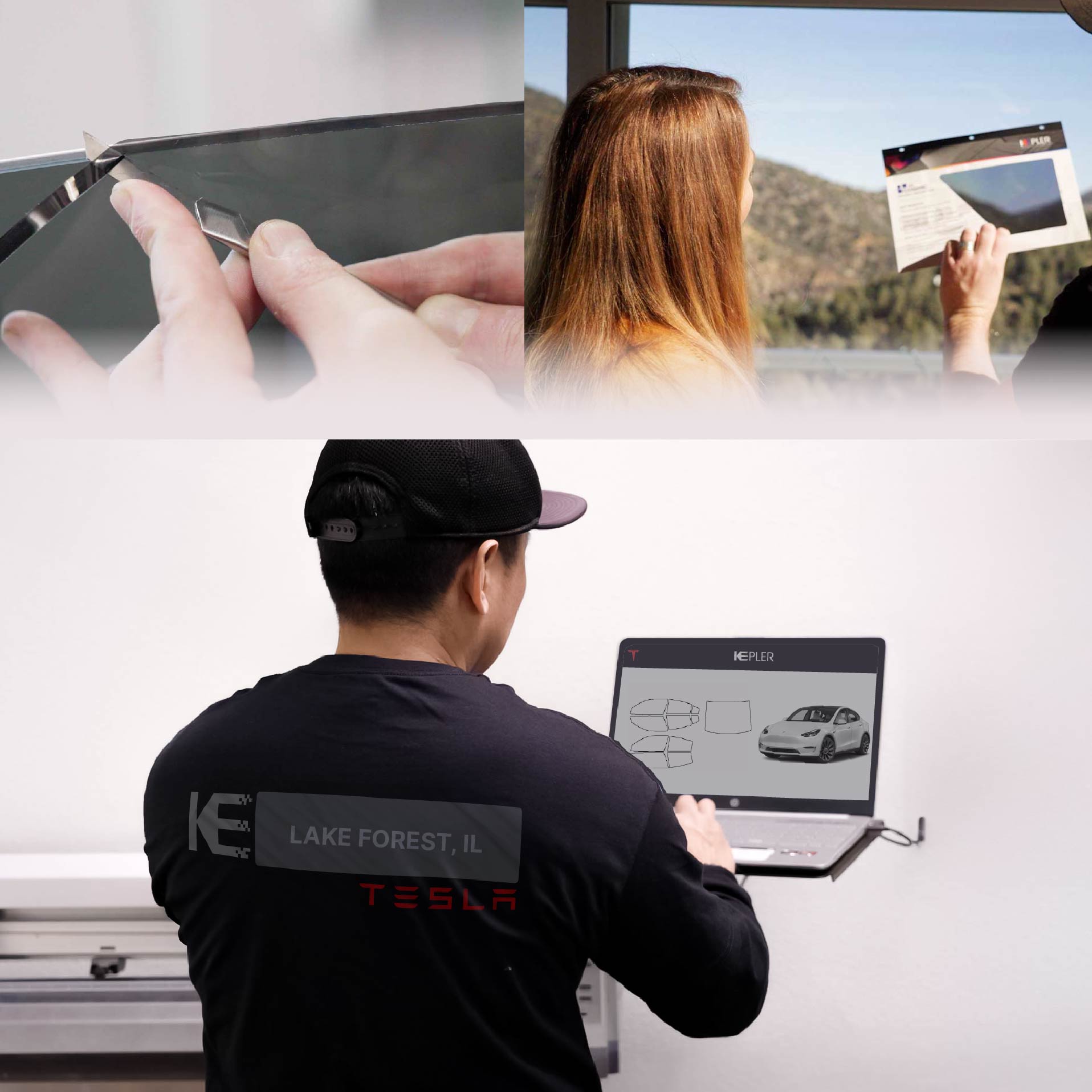 Expert Technician Installing Ceramic Window Tint to Tesla in Lake Forest
