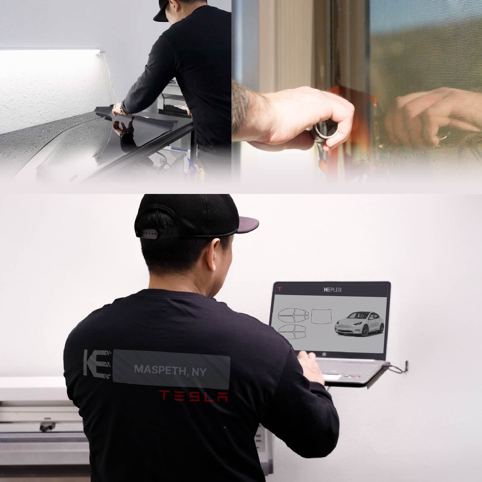 Expert Technician Applying High-tech Window Tint to Tesla in Maspeth