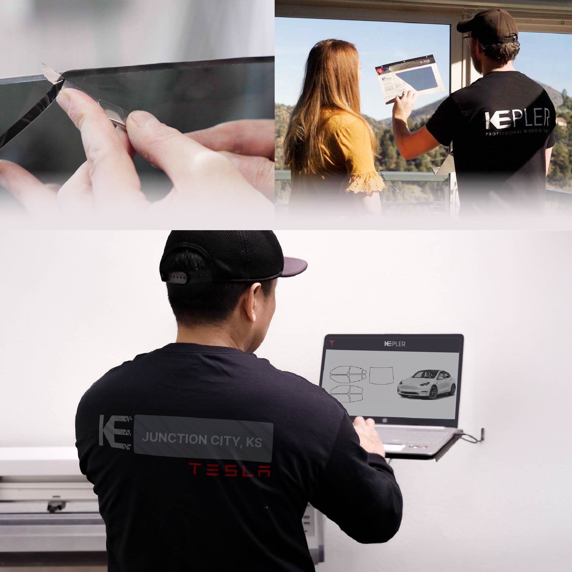 Kepler Technician Fitting Advanced Window Tint to Tesla in Junction City