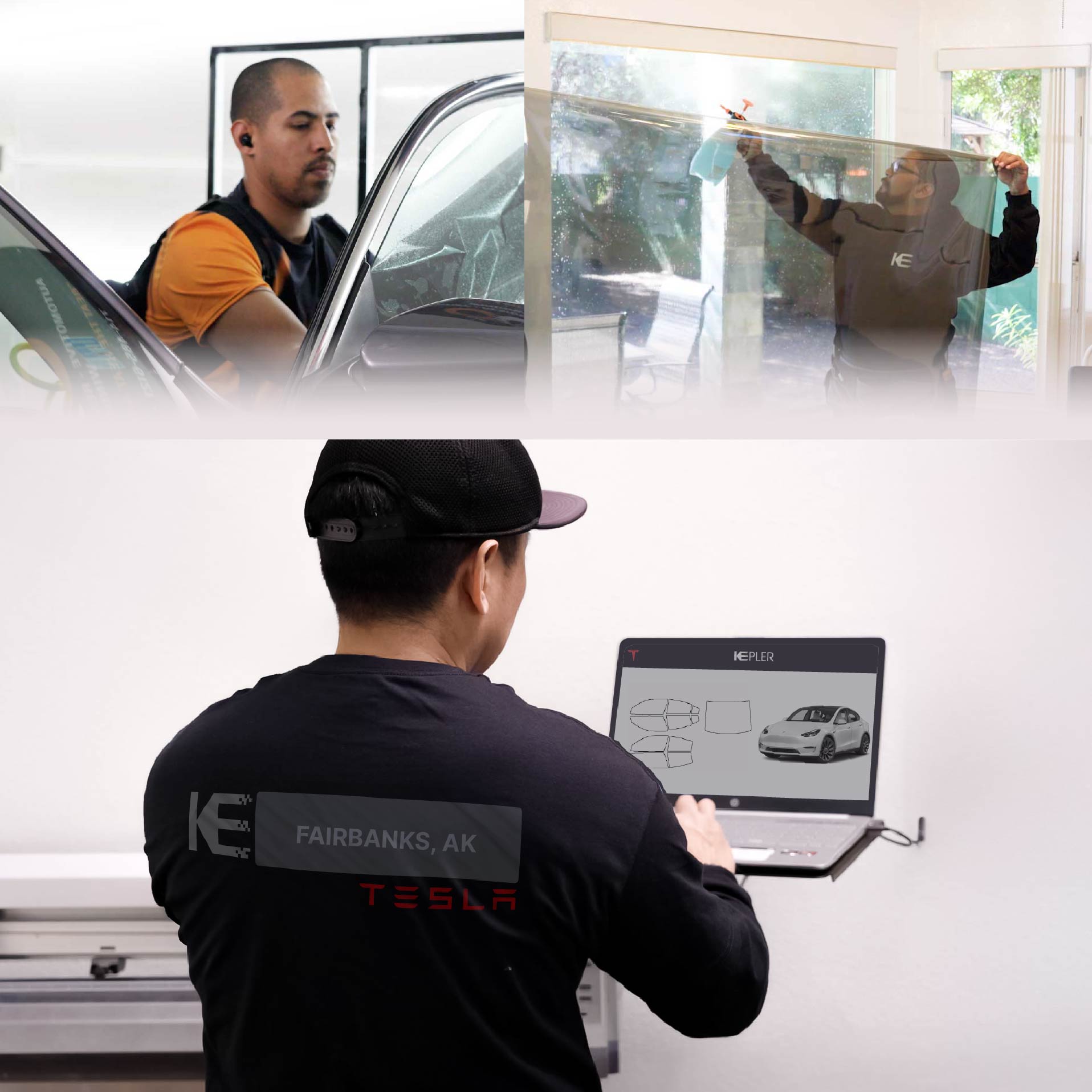 Kepler Technician Installing High-tech Window Tint to Tesla in Fairbanks