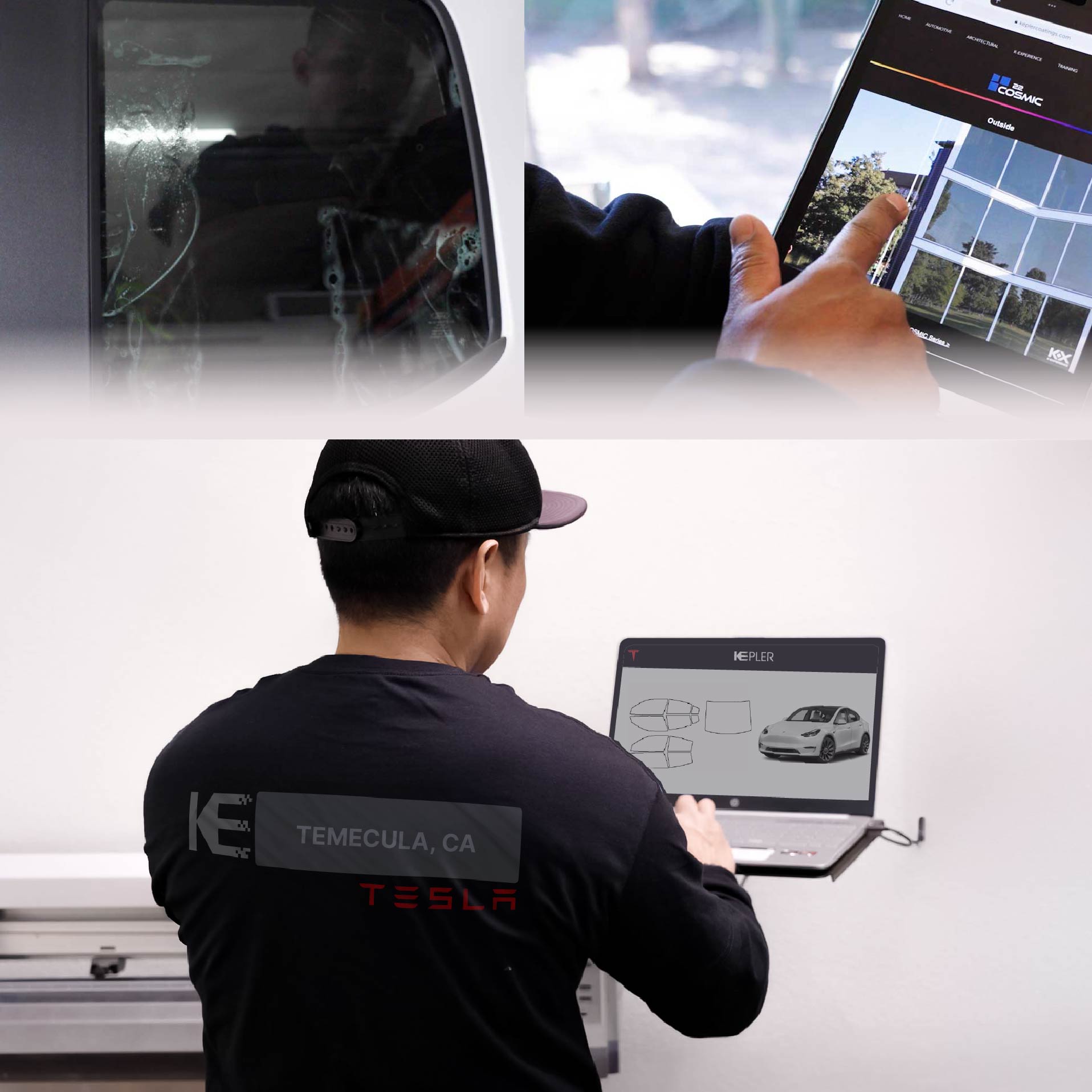 Expert Technician Fitting Ceramic Window Tint to Tesla in Temecula