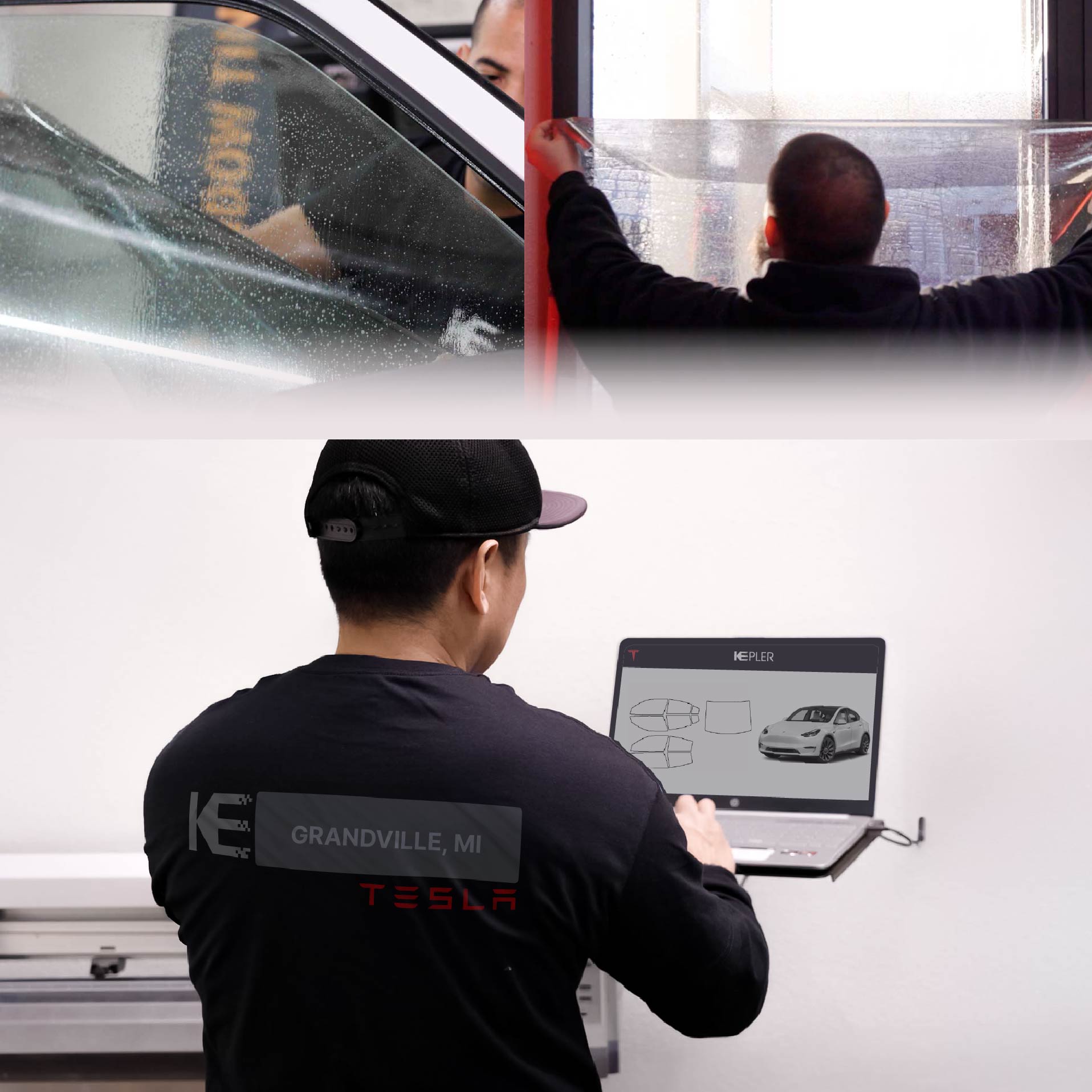Expert Technician Fitting Ceramic Window Tint to Tesla in Grandville