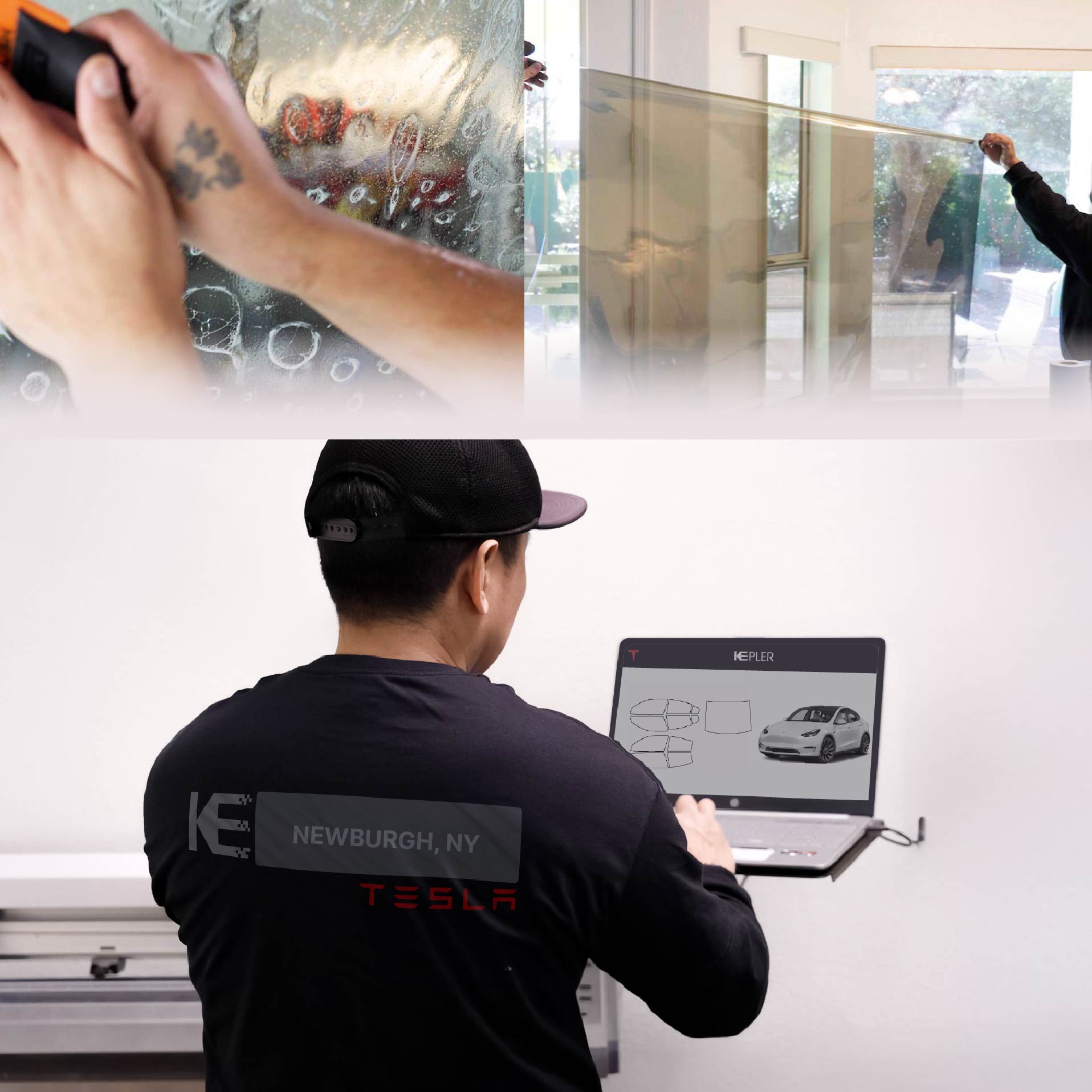 Kepler Technician Installing Ceramic Window Tint to Tesla in Newburgh