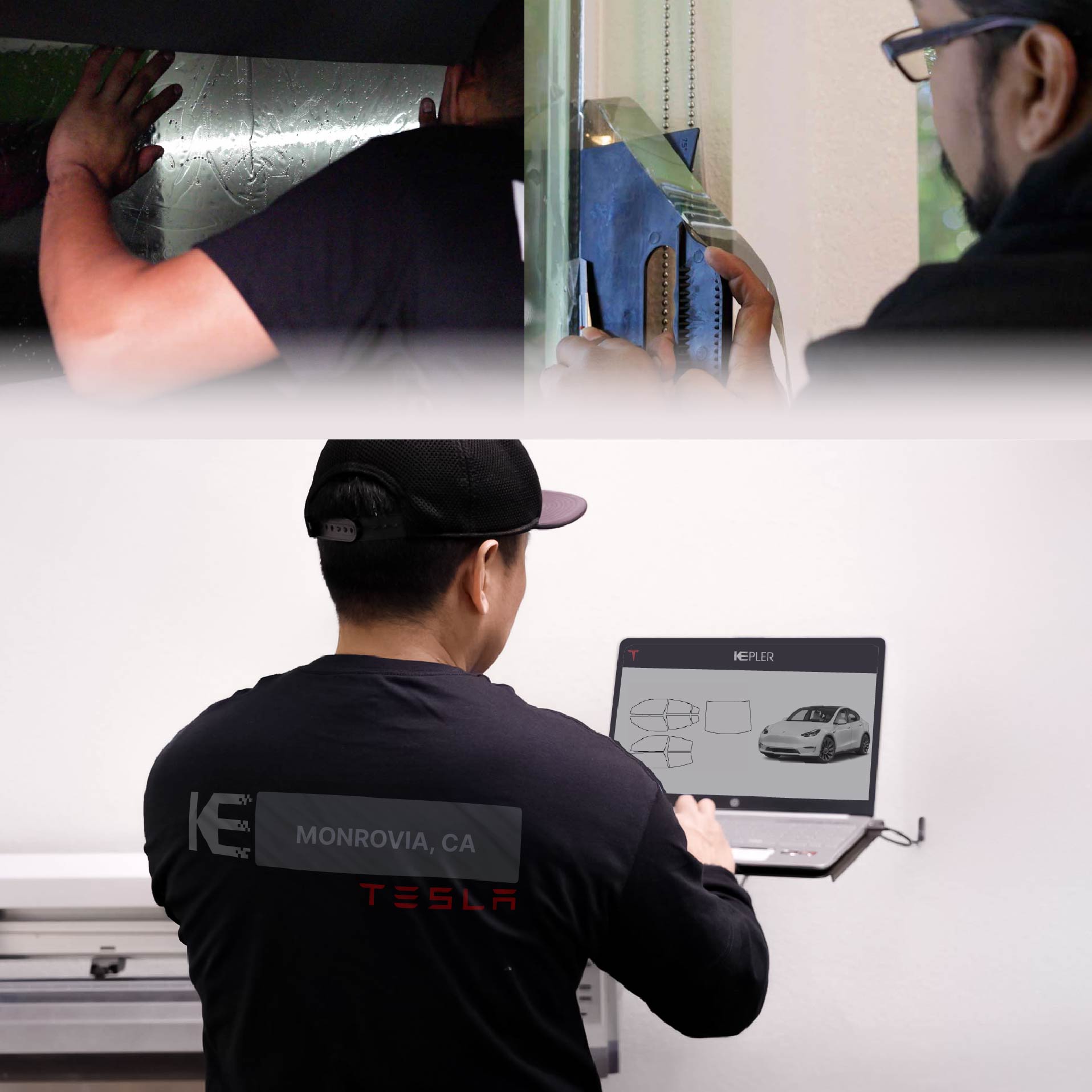 Expert Technician Applying Advanced Window Tint to Tesla in Monrovia