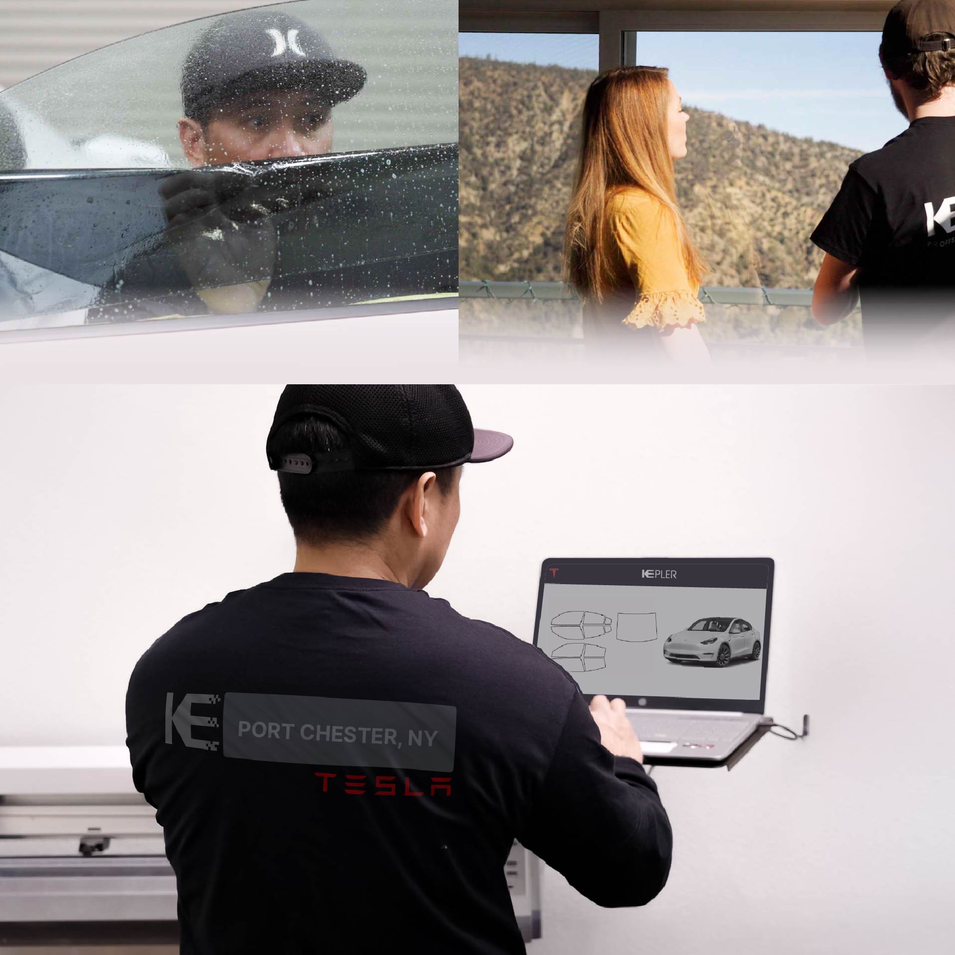 Kepler Technician Fitting Ceramic Window Tint to Tesla in Port Chester