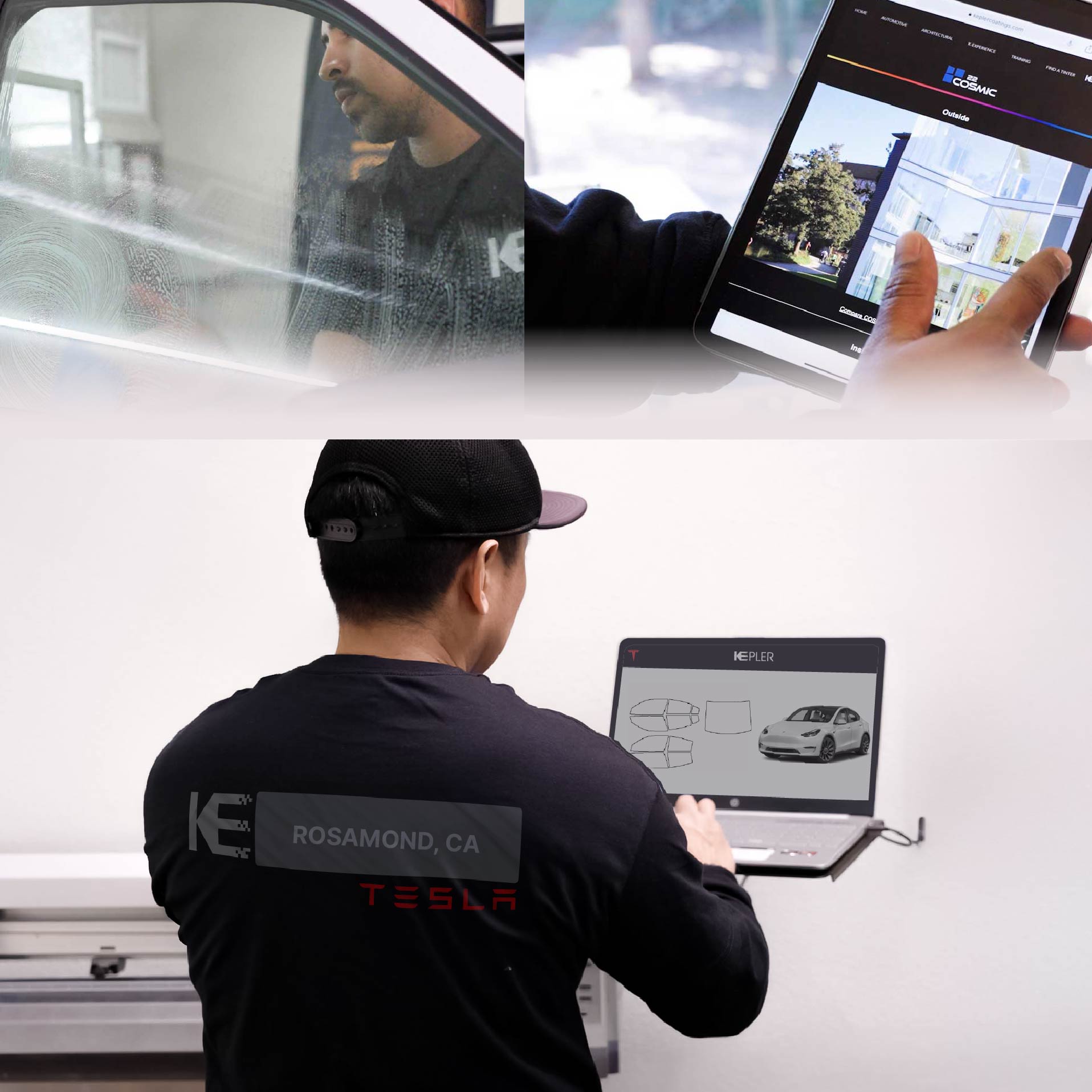 Kepler Technician Applying Ceramic Window Tint to Tesla in Rosamond