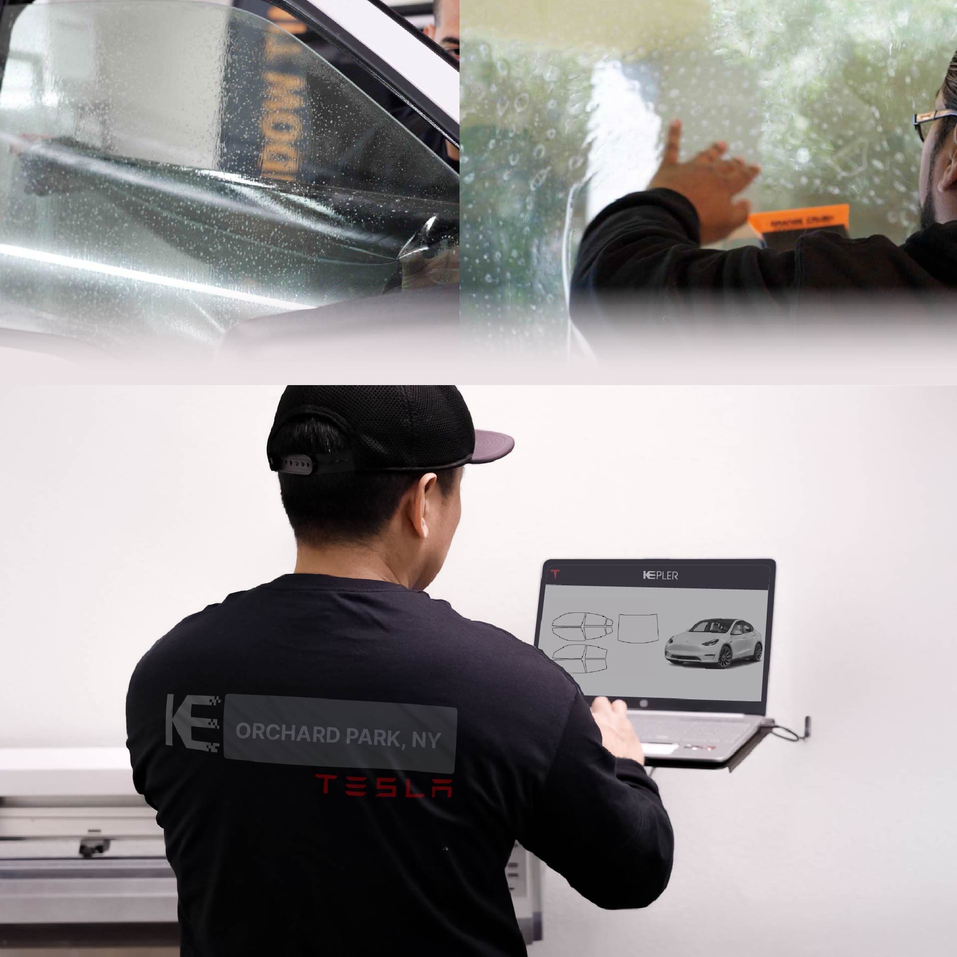Expert Technician Installing Ceramic Window Tint to Tesla in Orchard Park