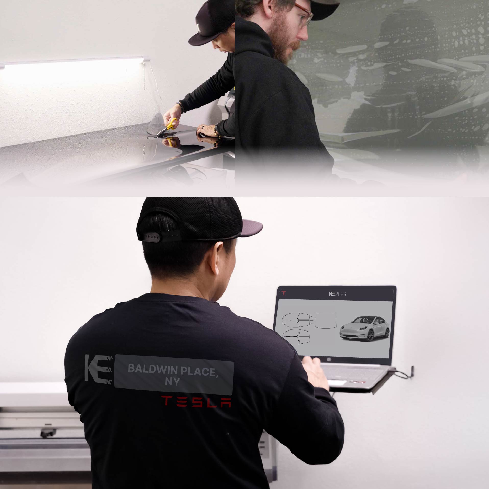 Kepler Technician Fitting Advanced Window Tint to Tesla in Baldwin Place