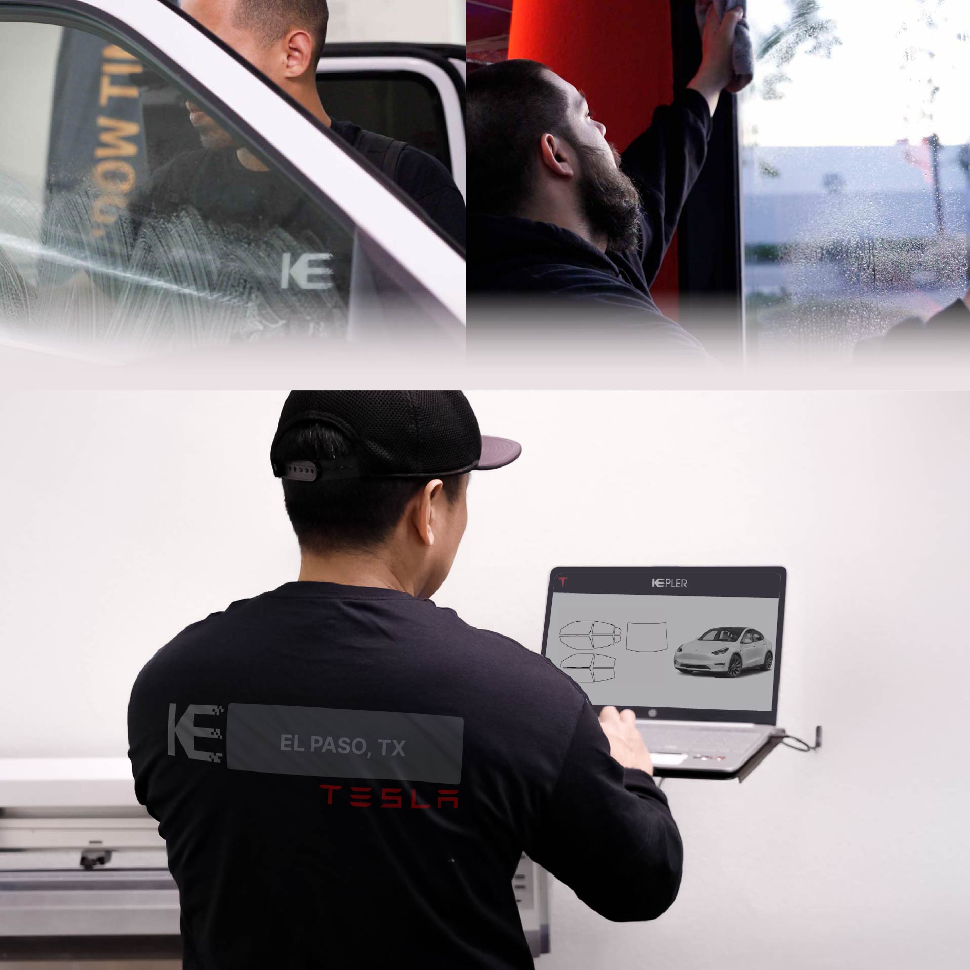 Kepler Technician Fitting High-tech Window Tint to Tesla in El Paso