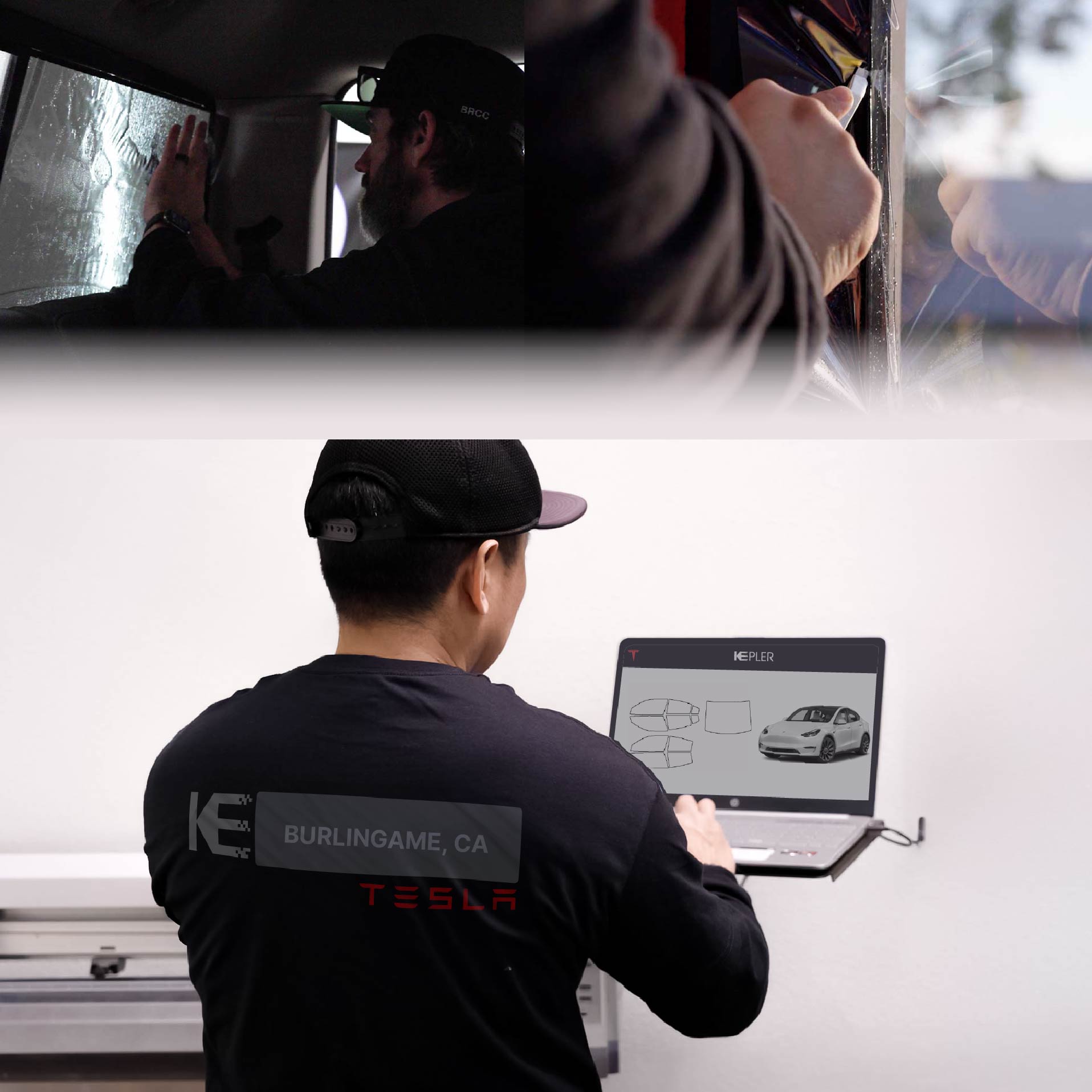 Kepler Technician Installing High-tech Window Tint to Tesla in Burlingame