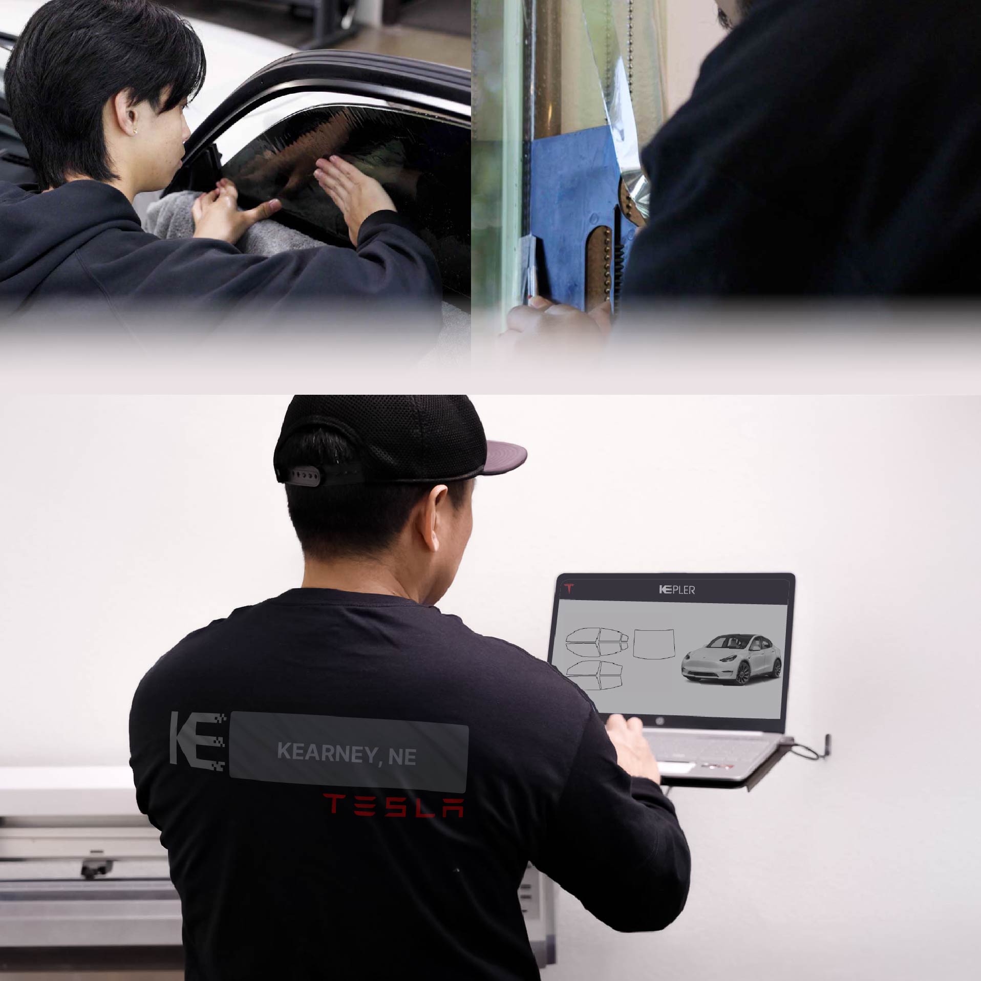 Expert Technician Installing High-tech Window Tint to Tesla in Kearney