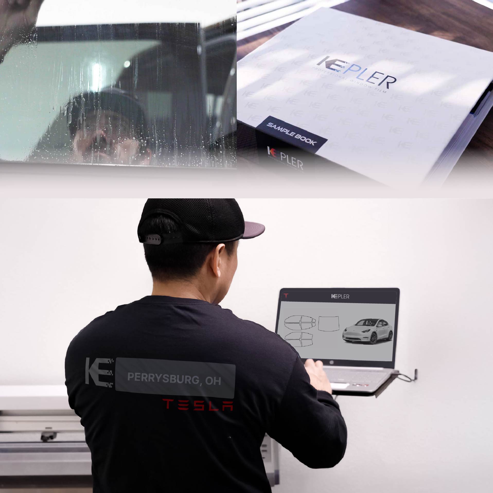 Kepler Technician Installing Advanced Window Tint to Tesla in Perrysburg