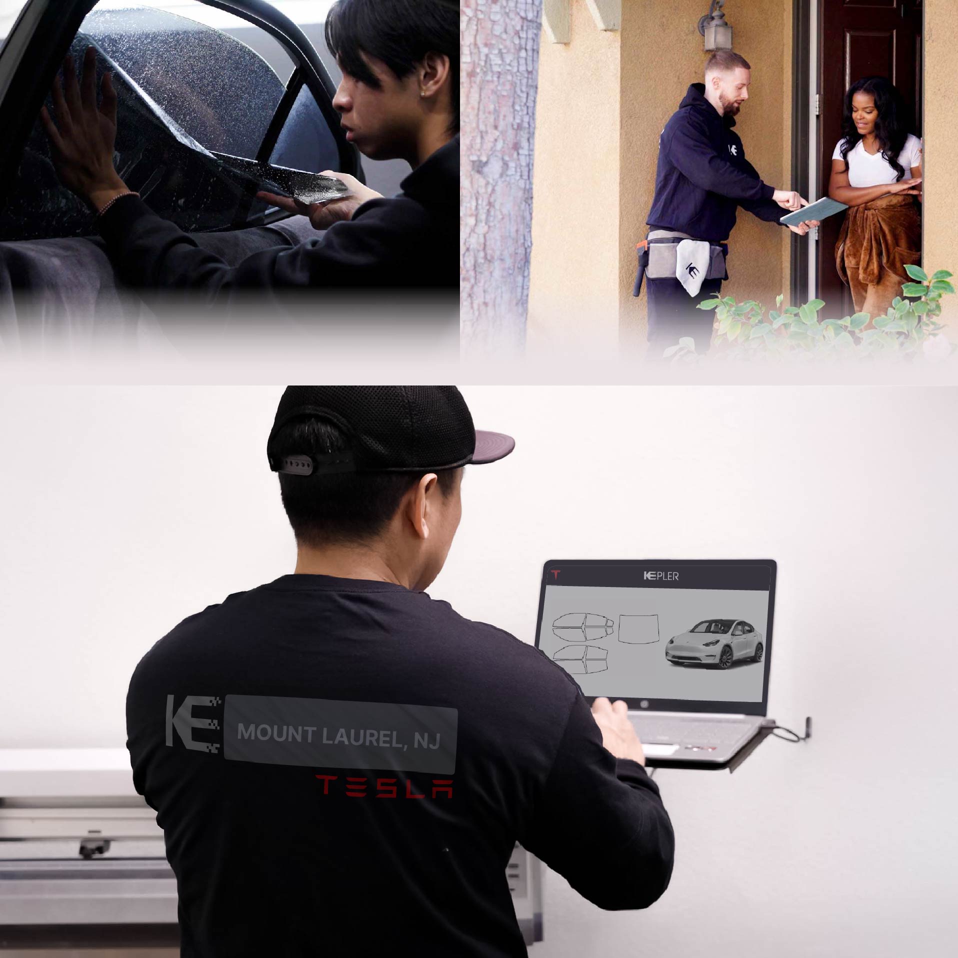 Expert Technician Installing Ceramic Window Tint to Tesla in Mount Laurel