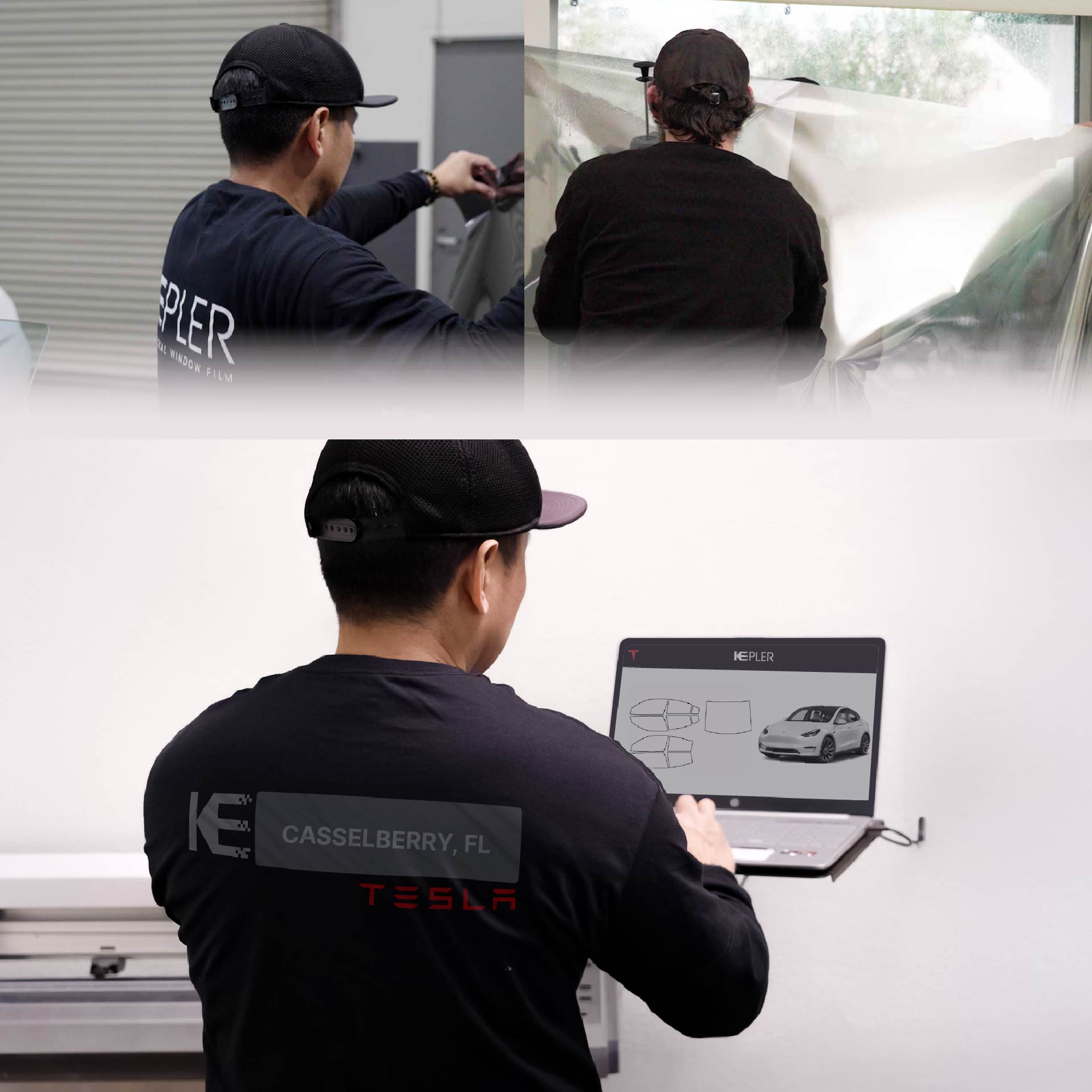 Kepler Technician Applying Advanced Window Tint to Tesla in Casselberry
