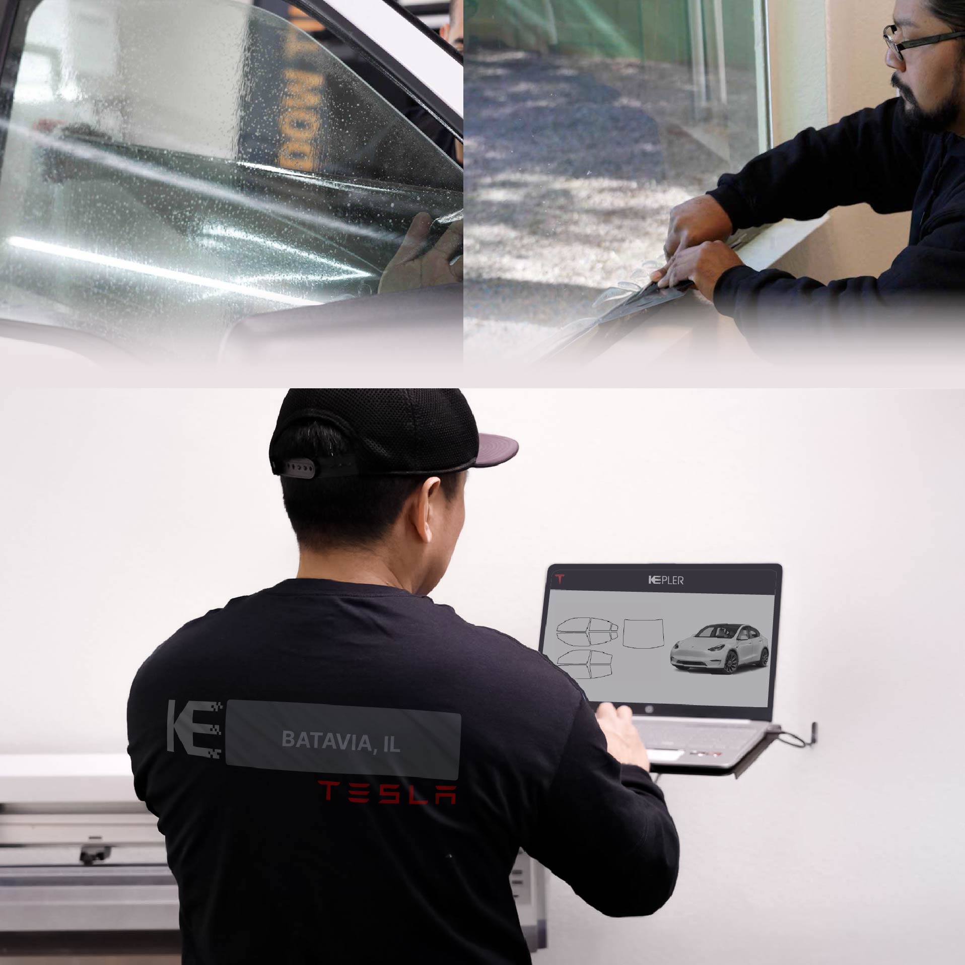 Kepler Technician Installing Ceramic Window Tint to Tesla in Batavia