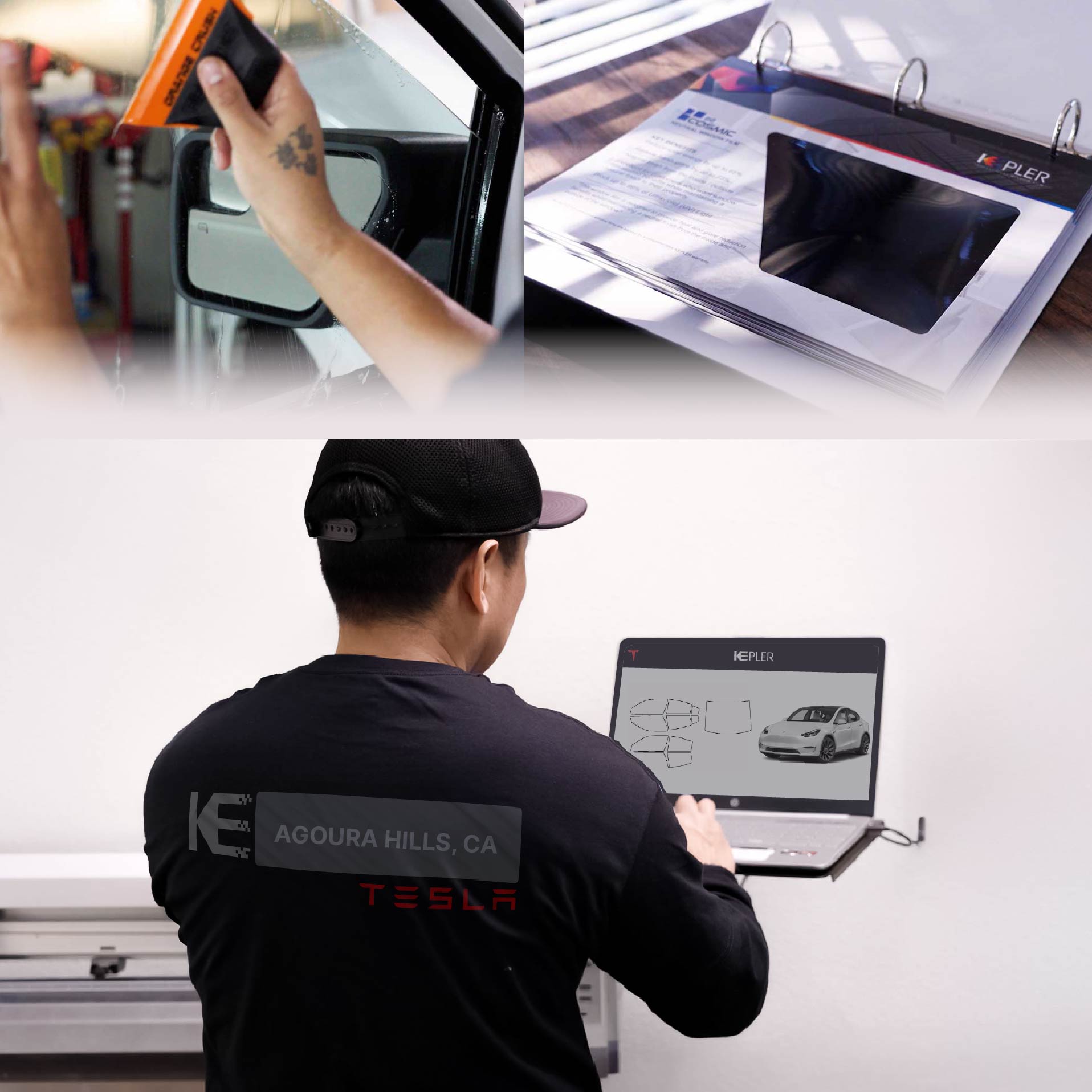 Expert Technician Fitting Advanced Window Tint to Tesla in Agoura Hills