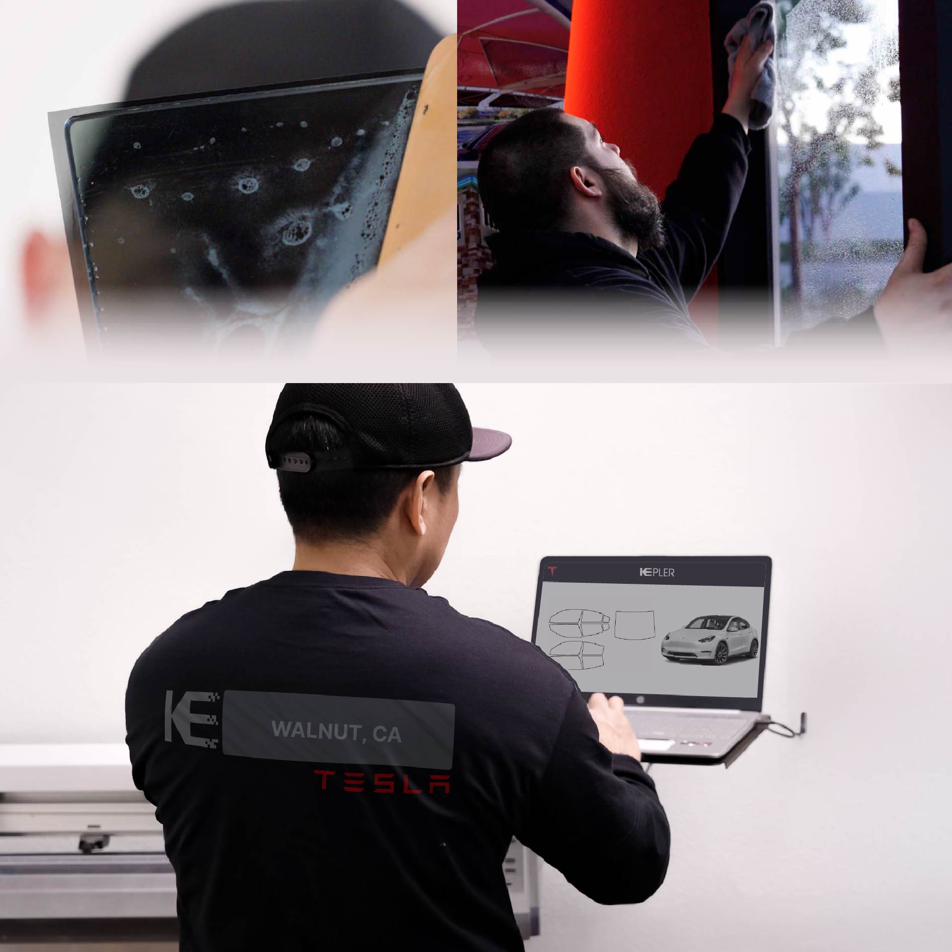 Expert Technician Installing Advanced Window Tint to Tesla in Walnut