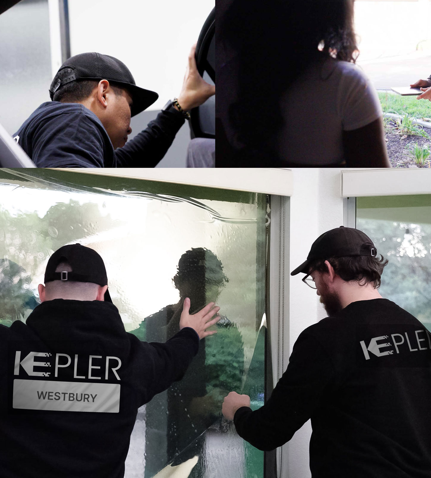 Kepler Technician Applying Ceramic Window Tint to Home in Westbury
