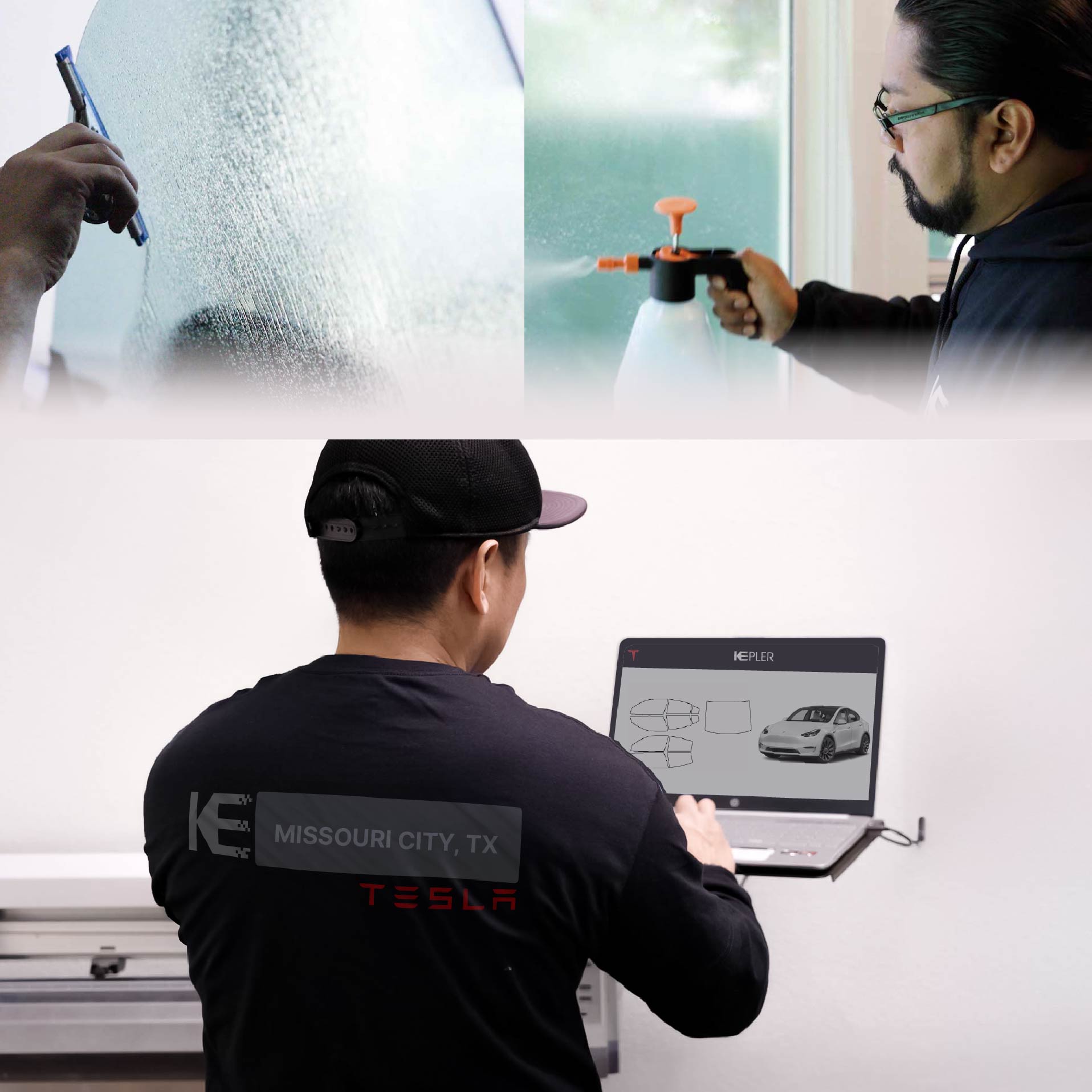 Kepler Technician Installing High-tech Window Tint to Tesla in Missouri City