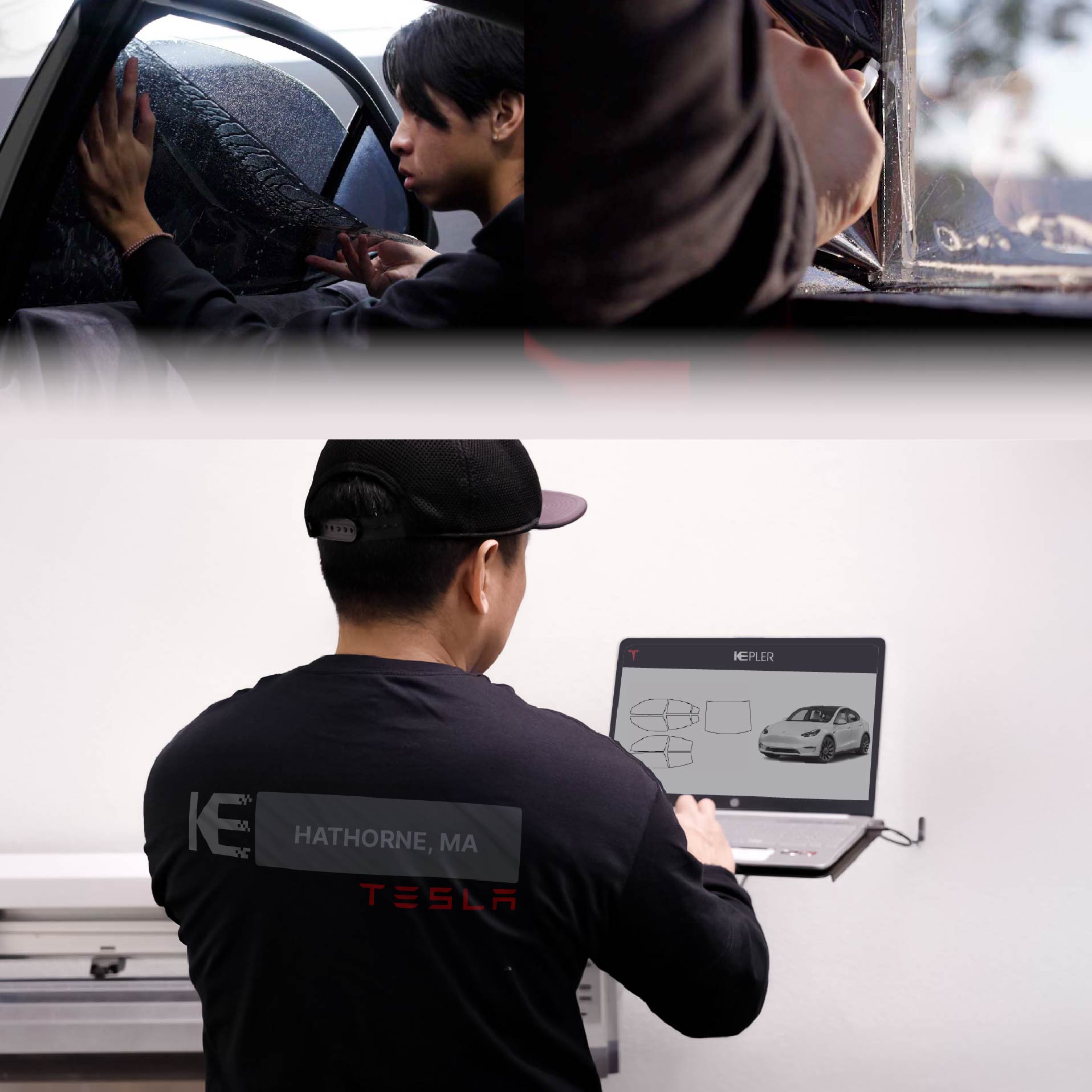 Expert Technician Installing Advanced Window Tint to Tesla in Hathorne